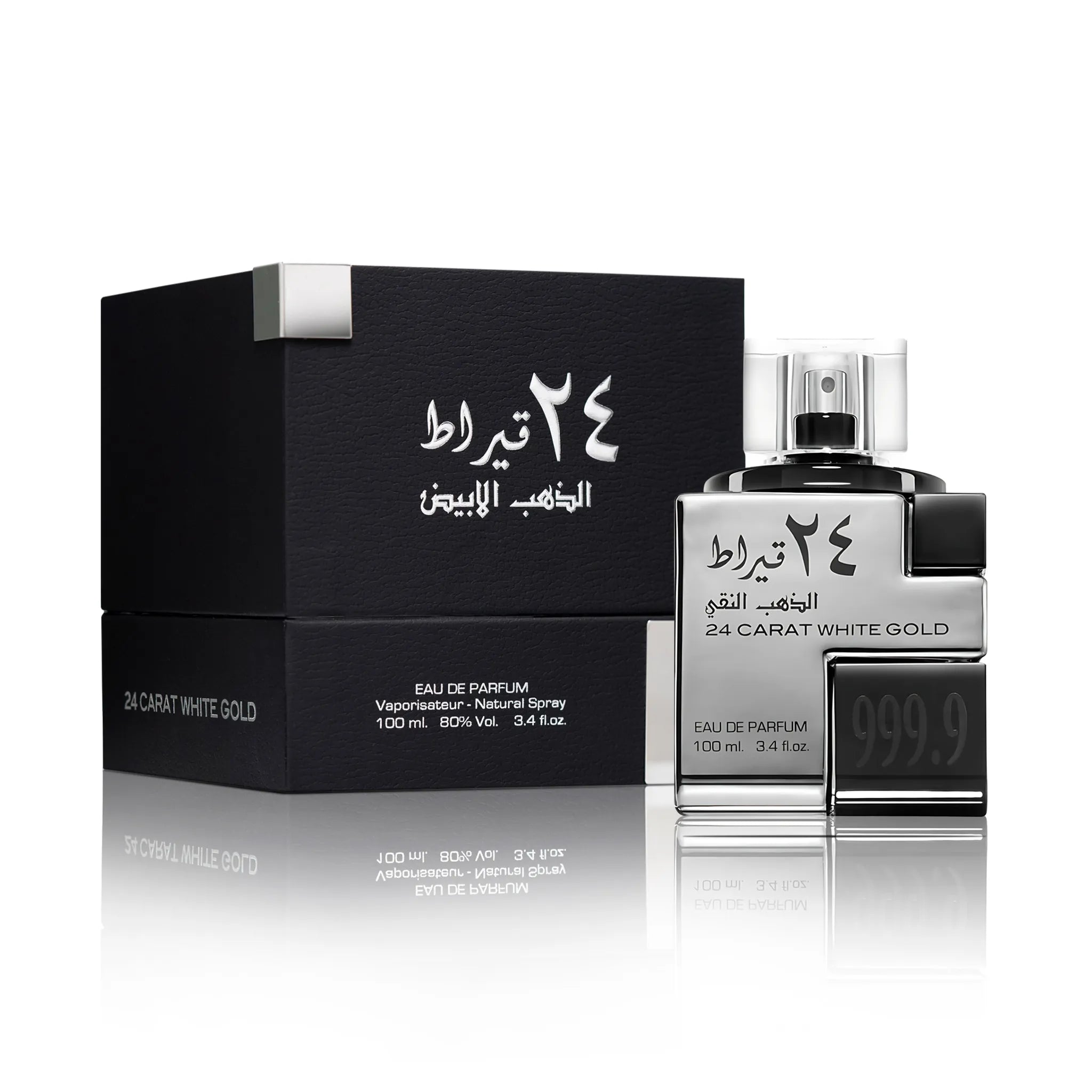 Frasco y caja de 24 Carat White Gold Lattafa Eau de Parfum Para Hombre