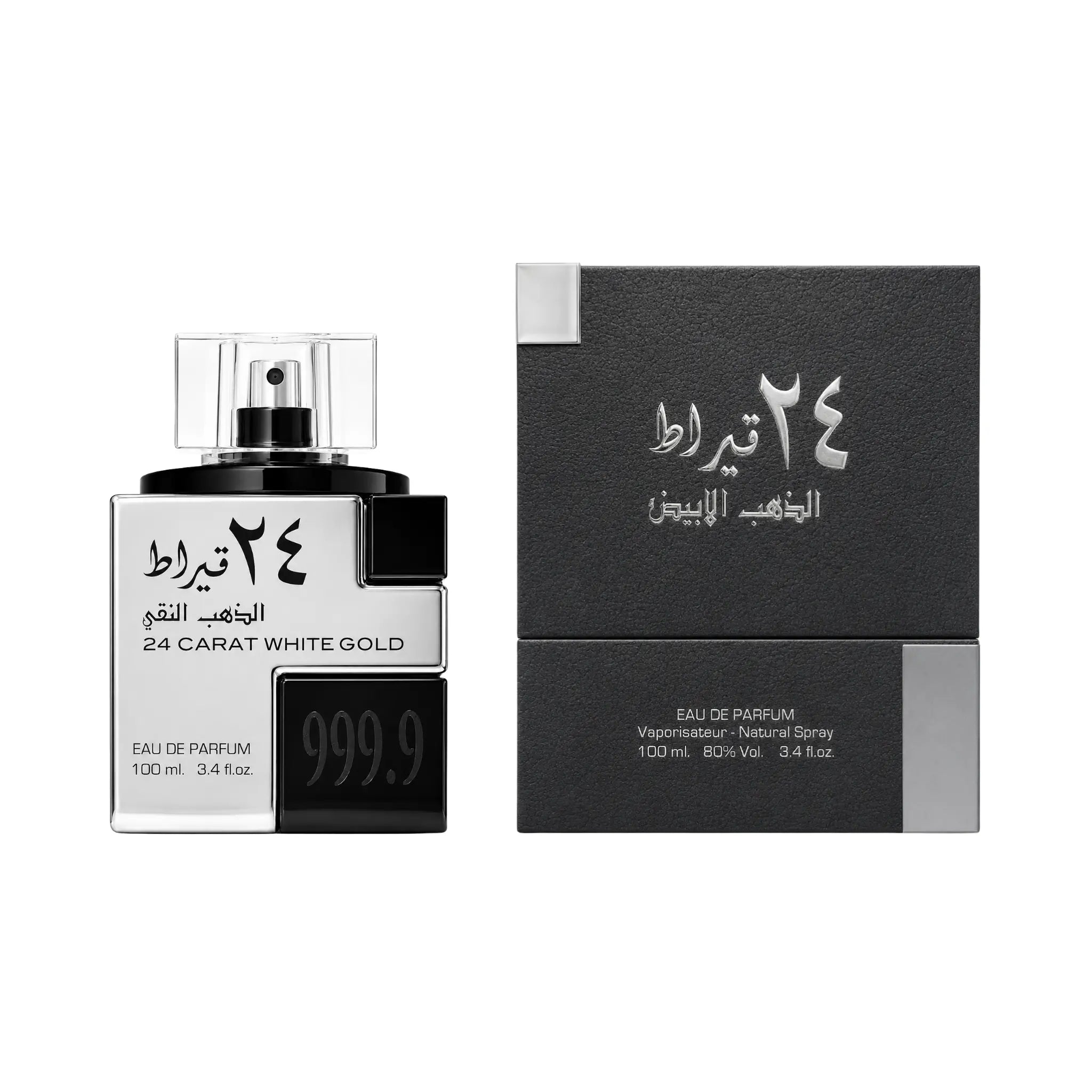 Frasco y caja de 24 Carat White Gold Lattafa Eau de Parfum Para Hombre