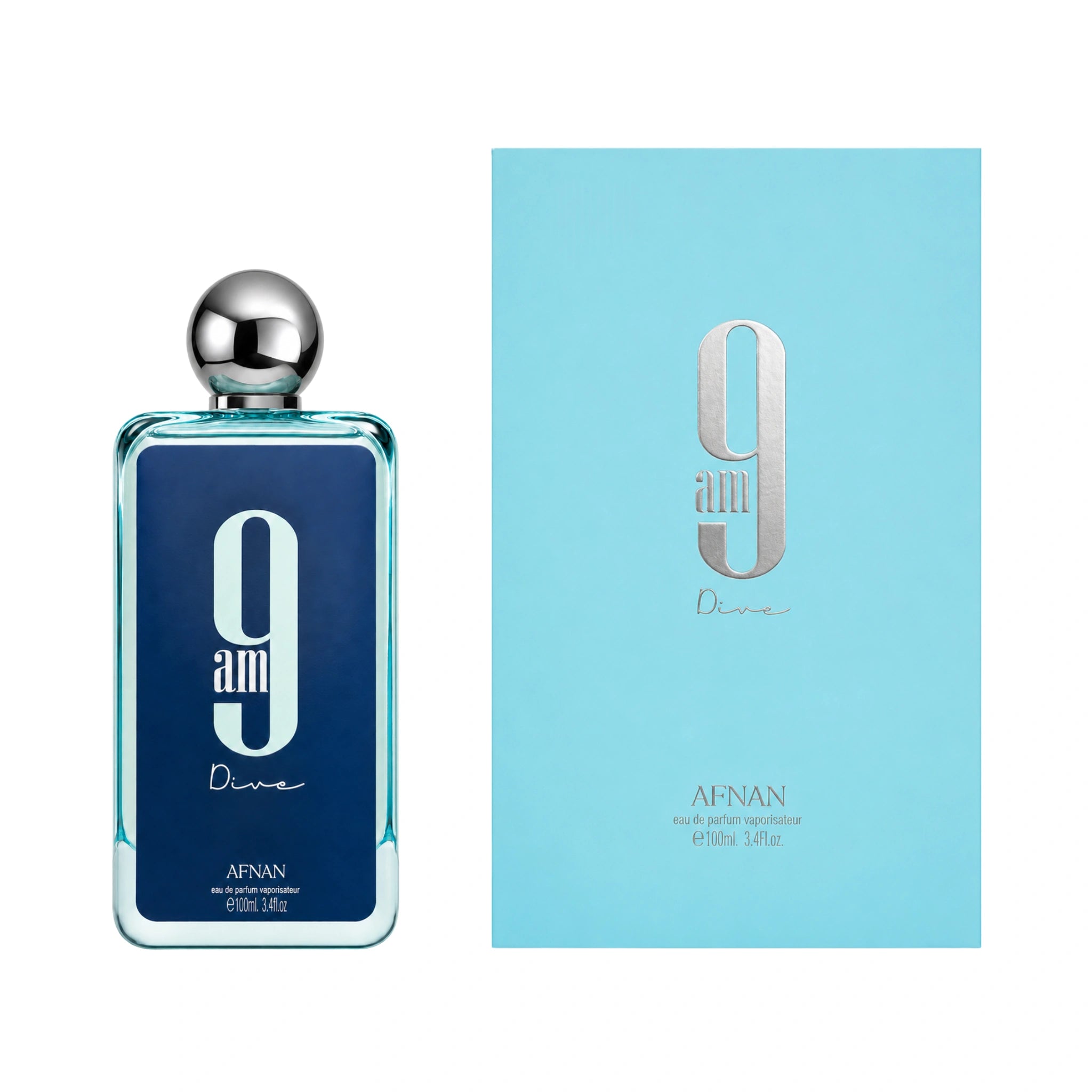 Frasco y caja de 9AM Dive Afnan Eau de Parfum Para Hombre