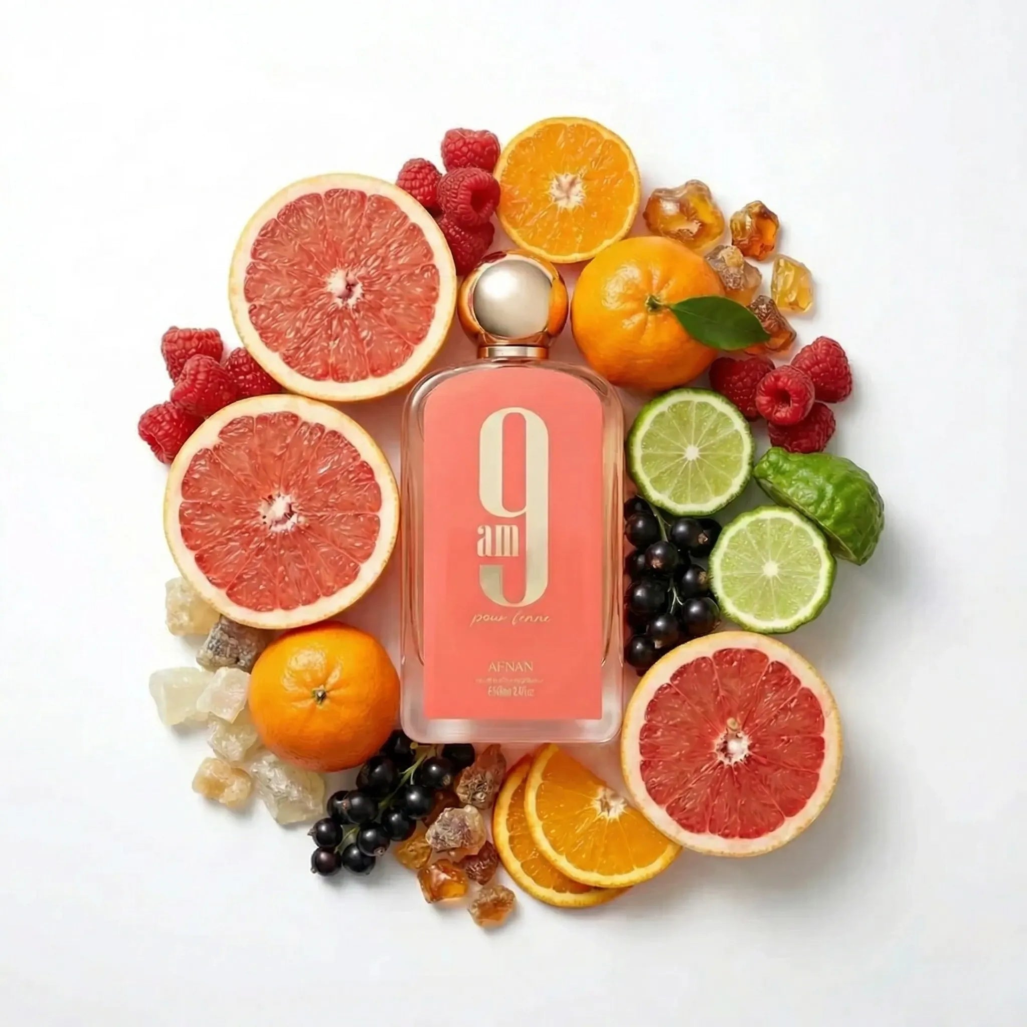 9AM_Pour_Femme_Afnan_Eau_de_Parfum_Para_Mujer_Fondo_Blanco_Naranja_Frambuesa