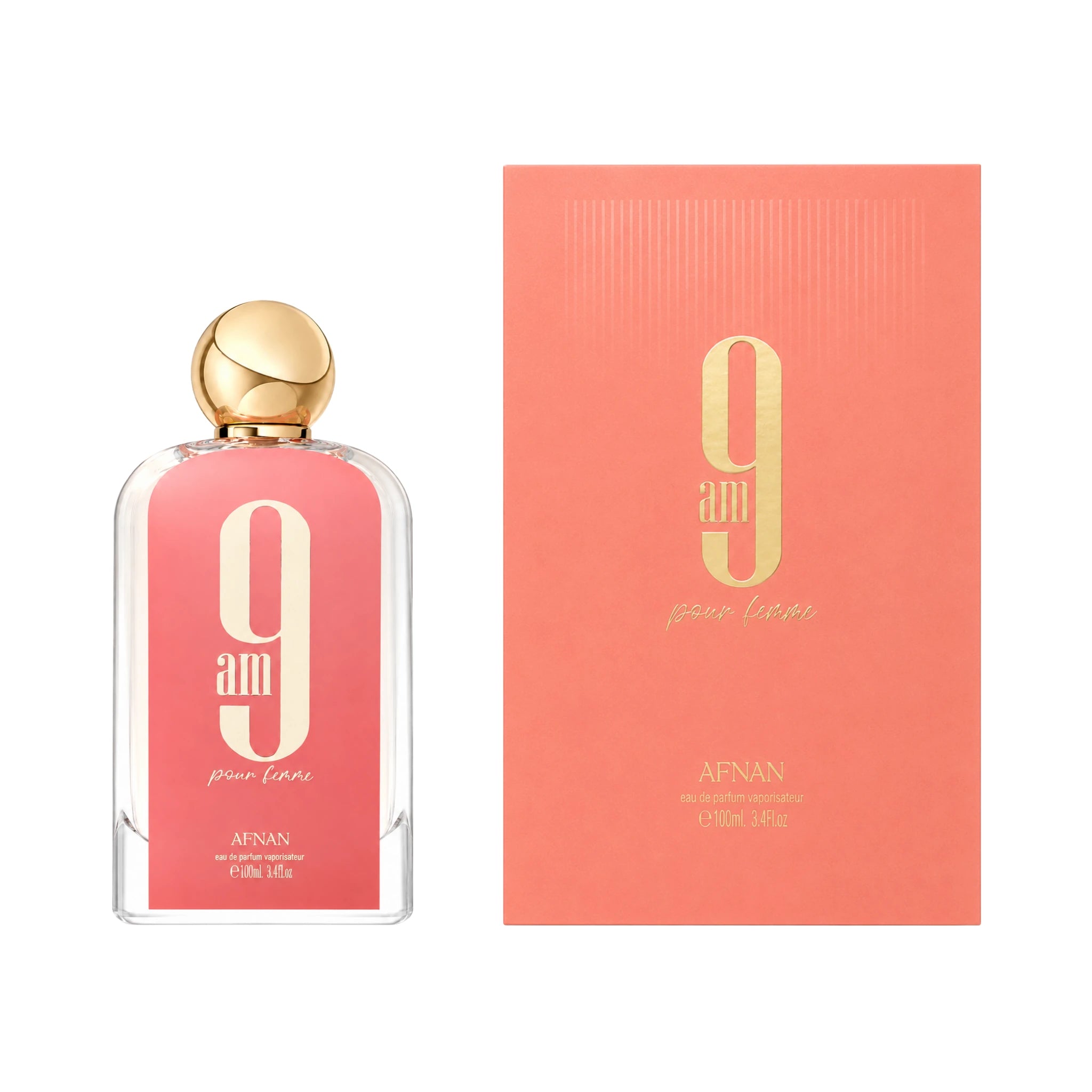 Frasco y caja de 9AM Pour Femme Afnan Eau de Parfum Para Mujer