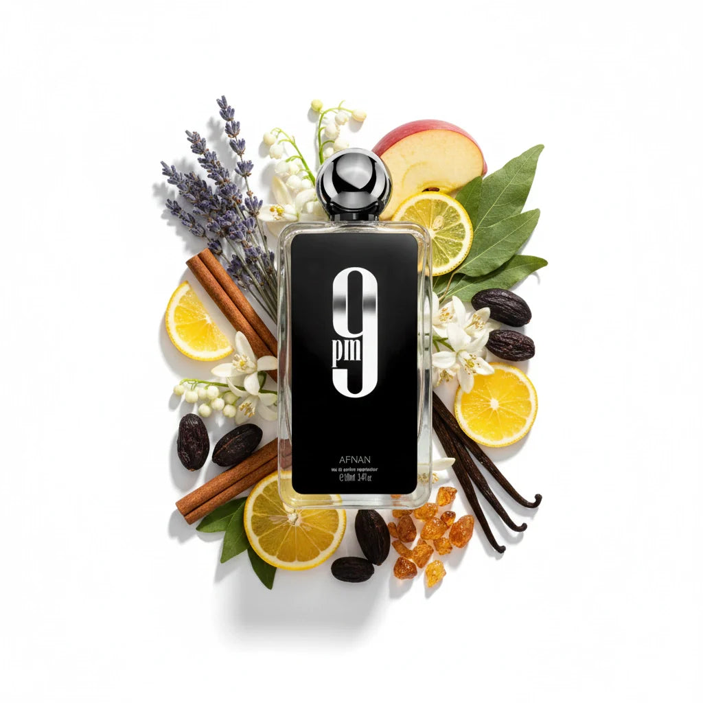 9PM Afnan Eau de Parfum Para Hombre con fondo de ingredientes
