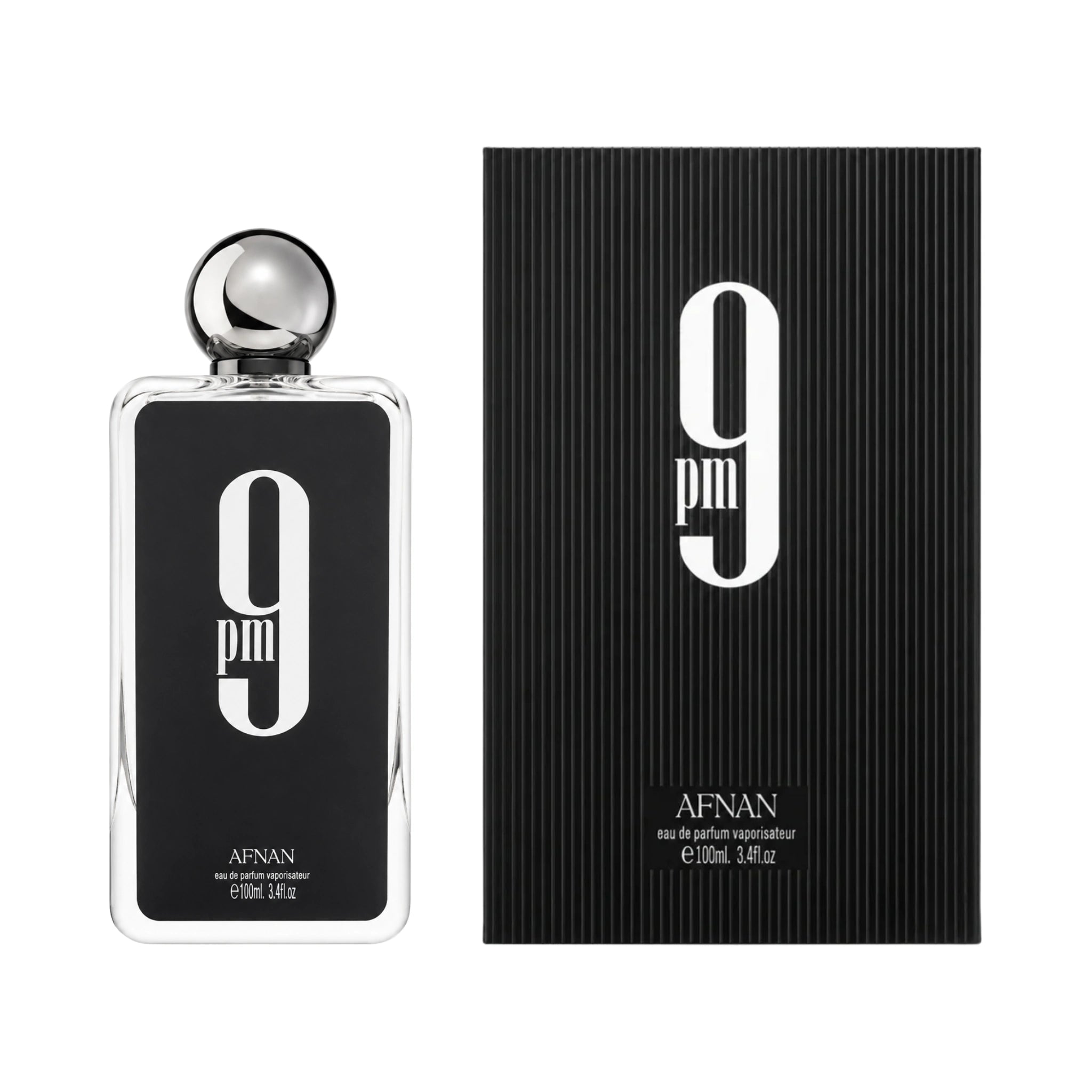 Frontal del 9PM Afnan Eau de Parfum Para Hombre con su caja
