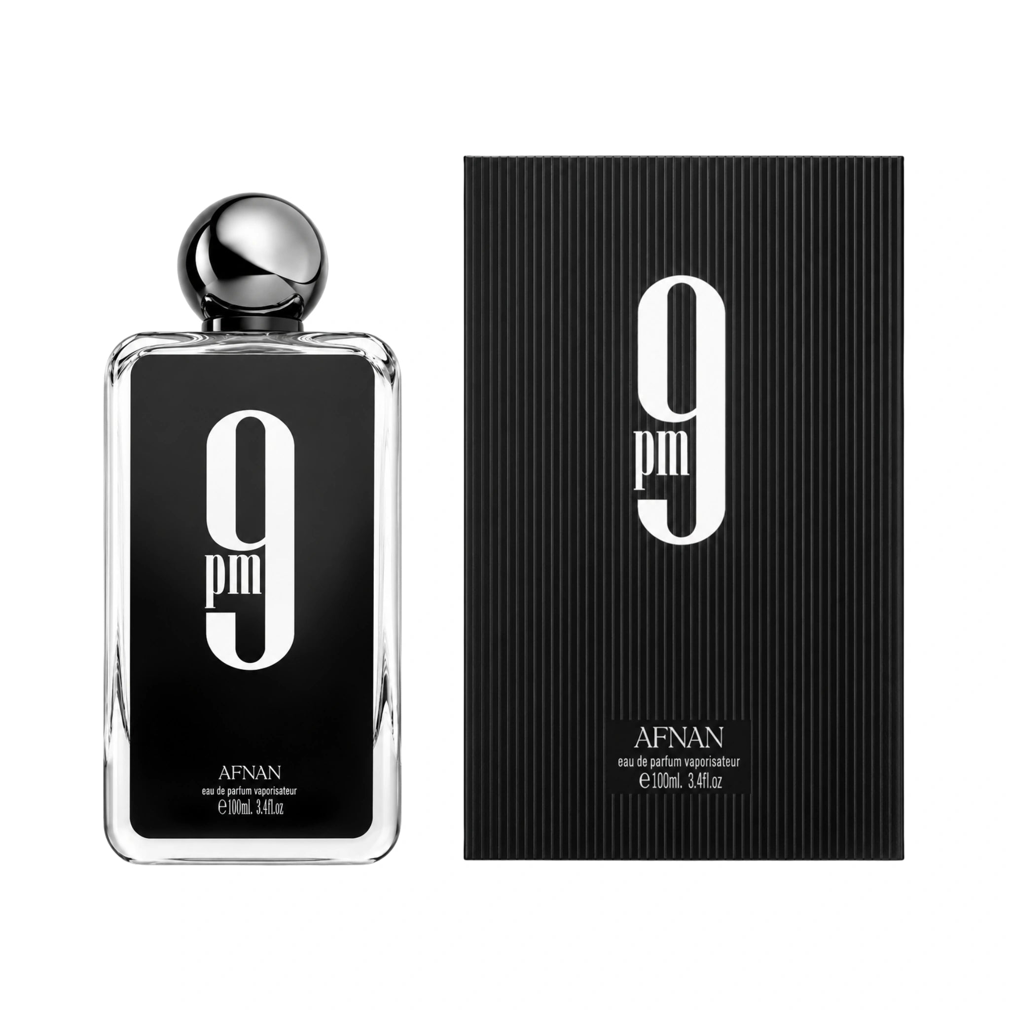 Frontal del 9PM Afnan Eau de Parfum Para Hombre con su caja