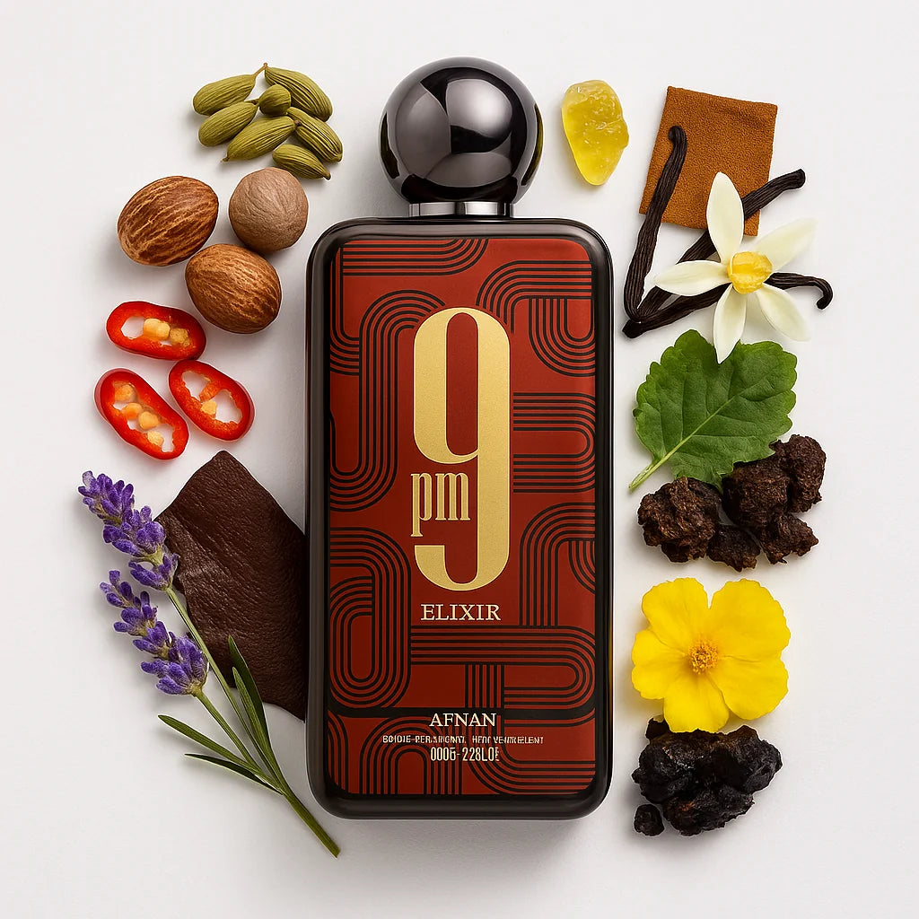 9PM Elixir Afnan Extrait de Parfum Unisex con fondo de ingredientes