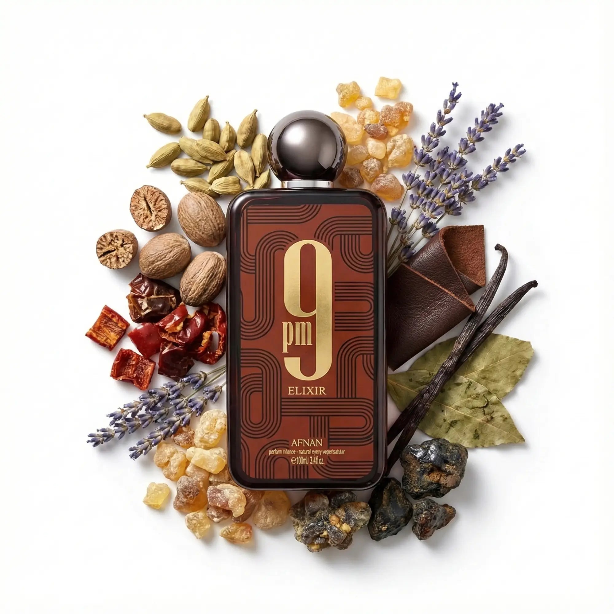 9PM Elixir Afnan Extrait de Parfum Unisex con fondo de ingredientes
