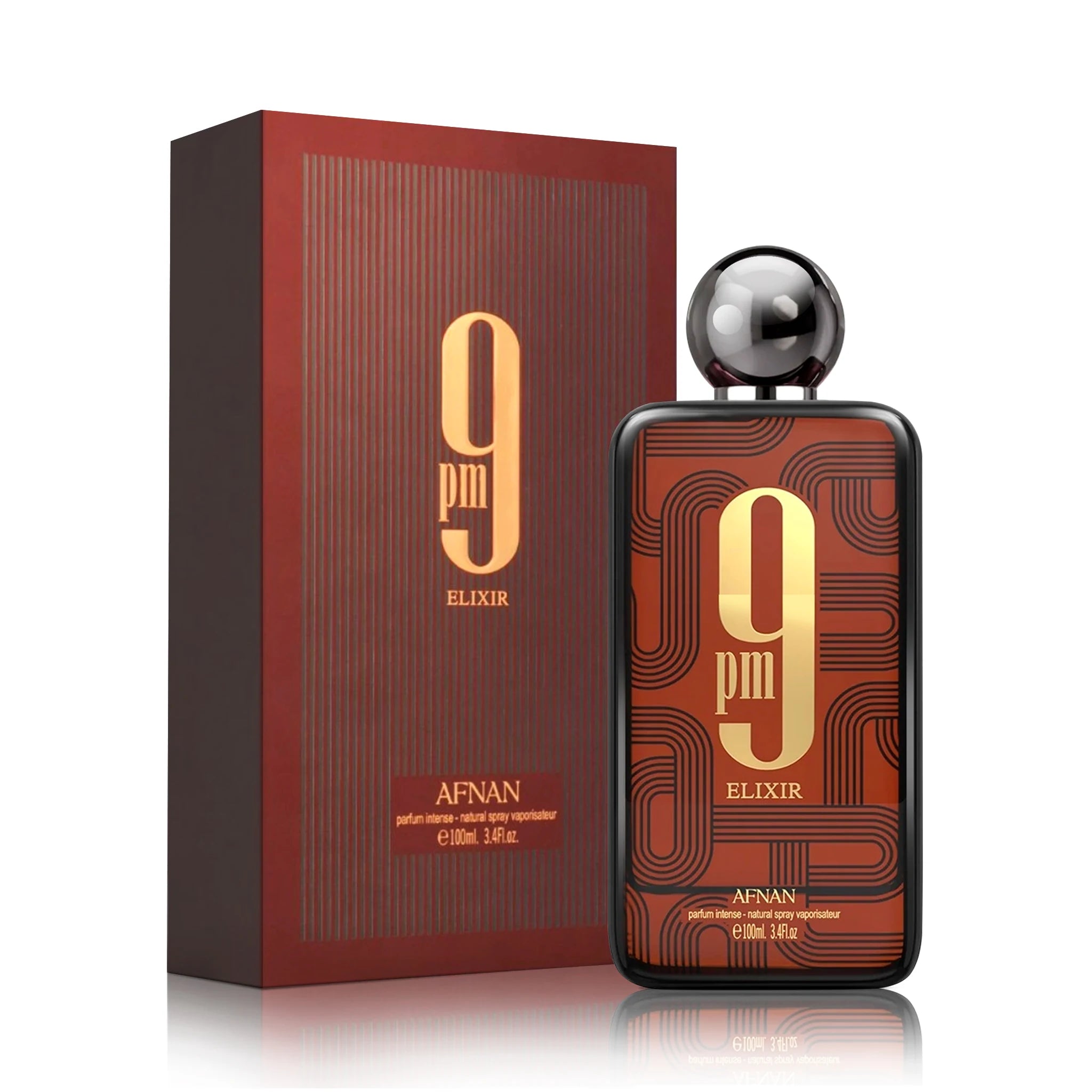 Frasco y caja de 9PM Elixir Afnan Extrait de Parfum Unisex