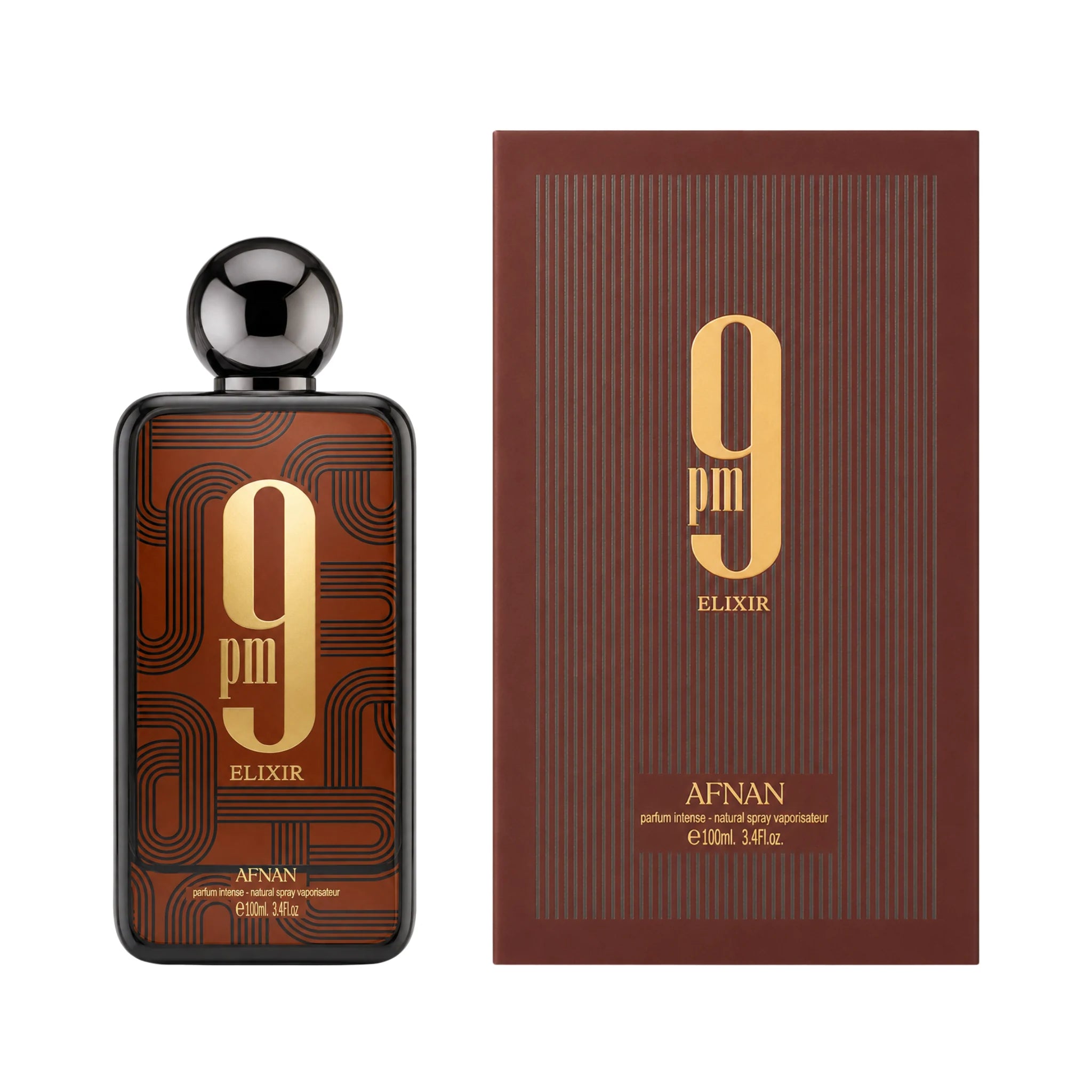 Frasco y caja de 9PM Elixir Afnan Extrait de Parfum Unisex
