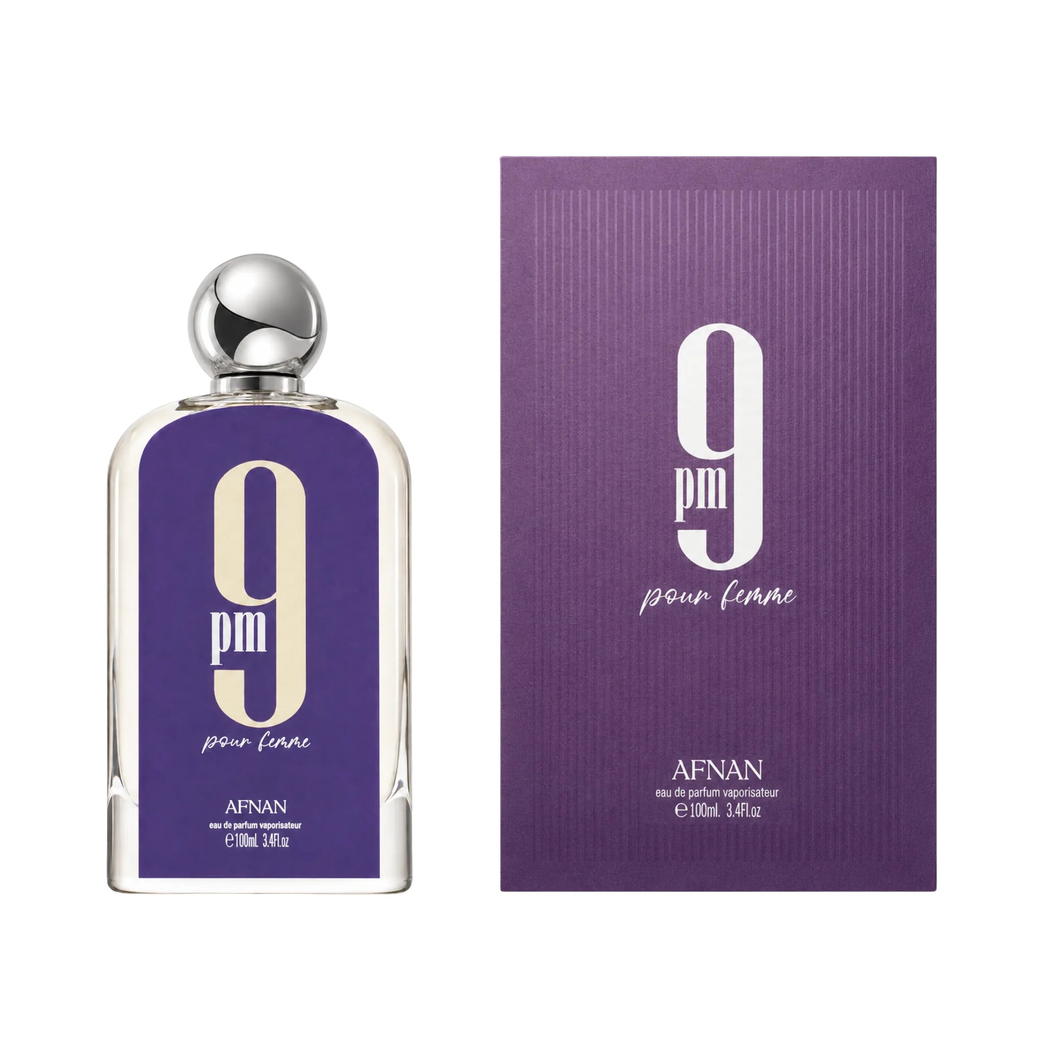 Frasco y caja de 9PM Pour Femme Afnan Eau de Parfum Para Mujer