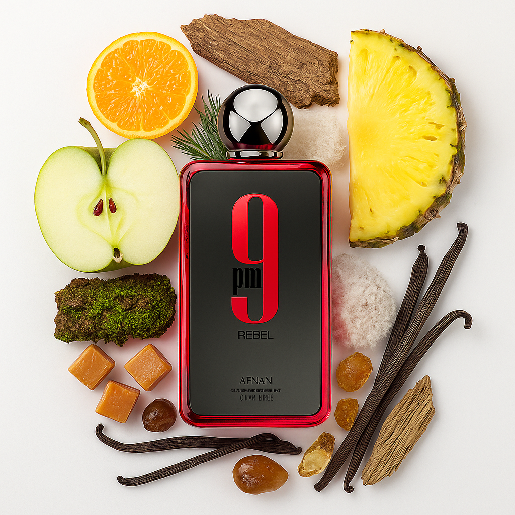9PM Rebel Afnan Eau de Parfum Unisex con fondo de ingredientes