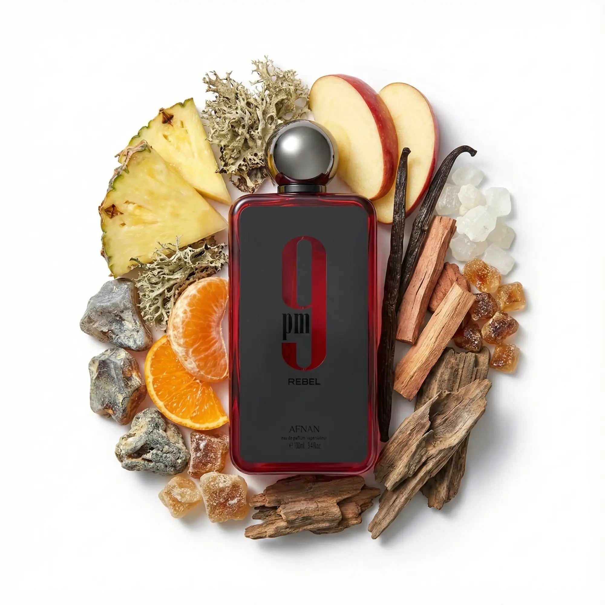 9PM Rebel Afnan Eau de Parfum Unisex con fondo blanco e ingredientes