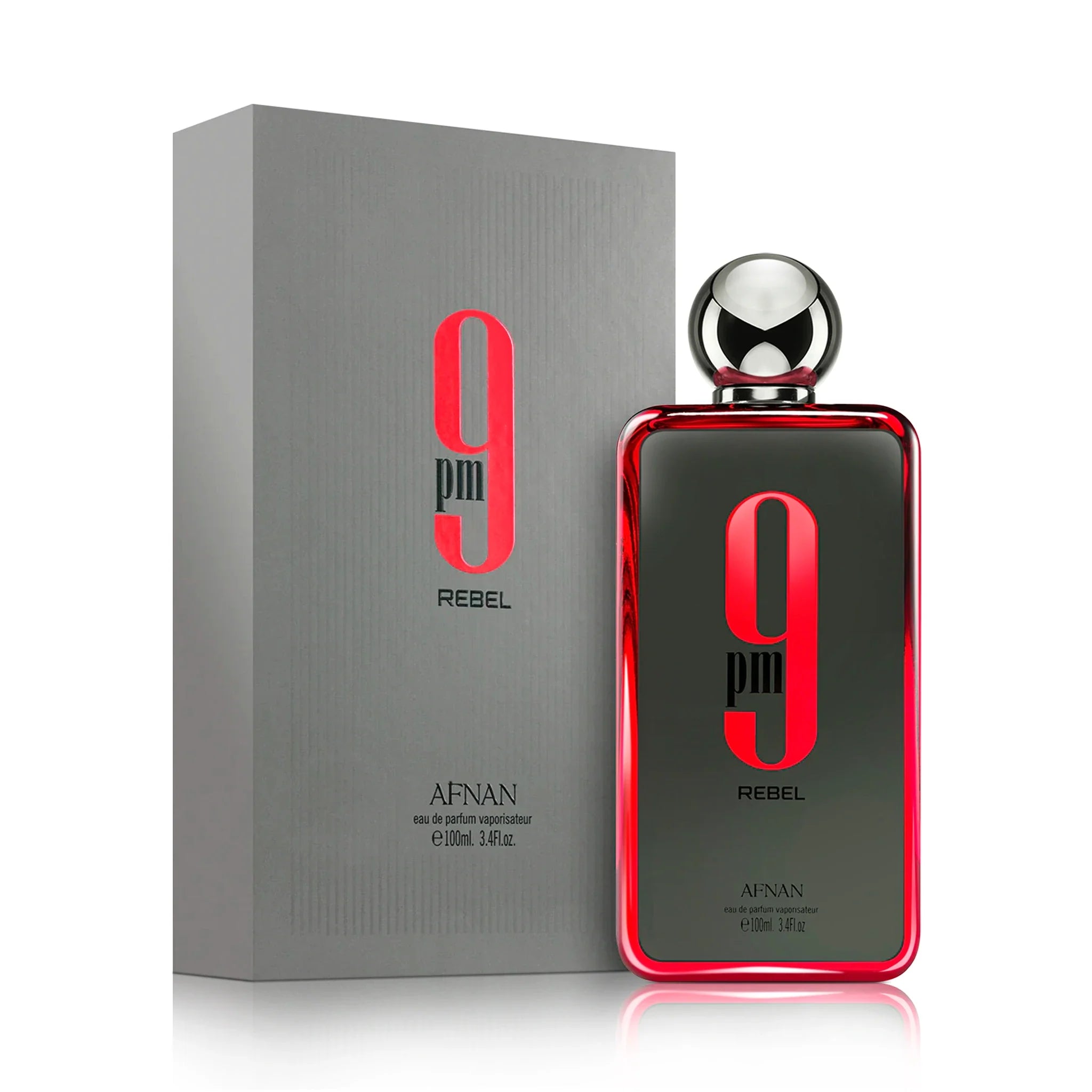 Frasco y caja de 9PM Rebel Afnan Eau de Parfum Unisex