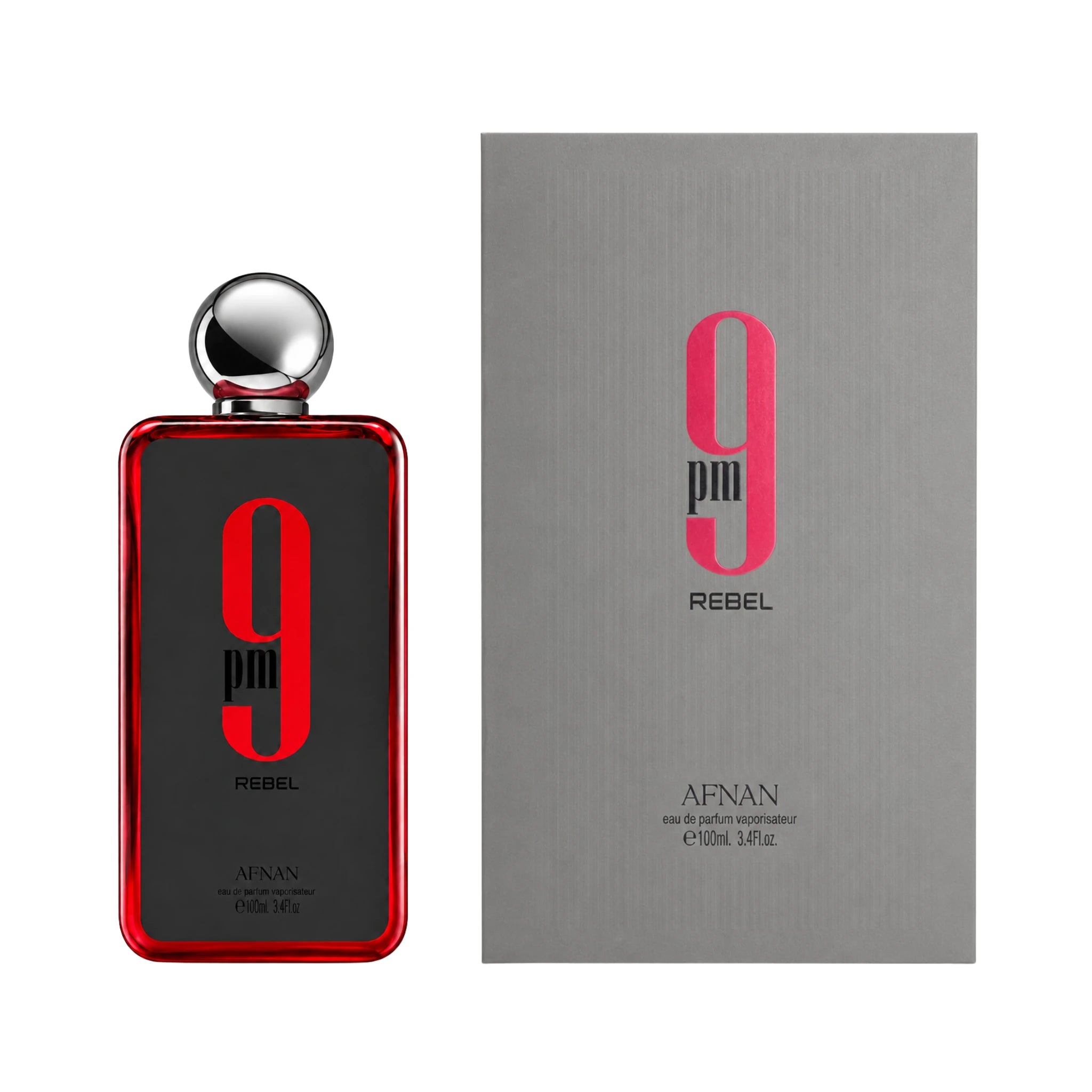 Frasco y caja de 9PM Rebel Afnan Eau de Parfum Unisex