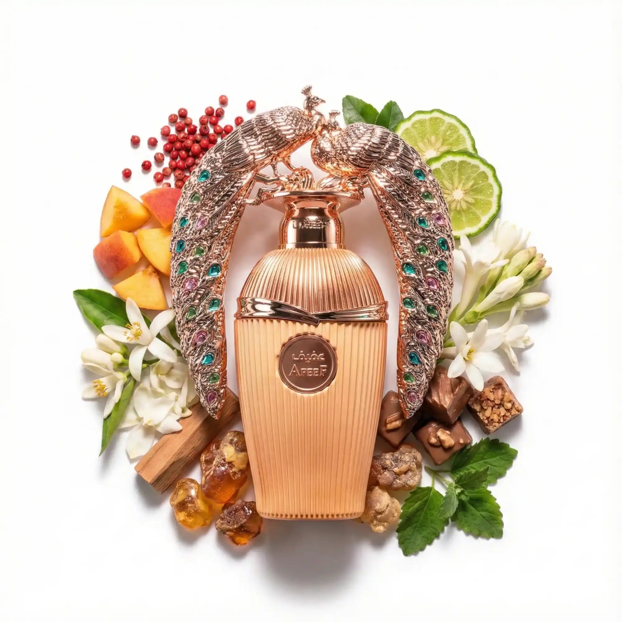 Afeef_Lattafa_Eau_de_Parfum_Unisex_Fondo_Blanco_Durazno_Bergamota