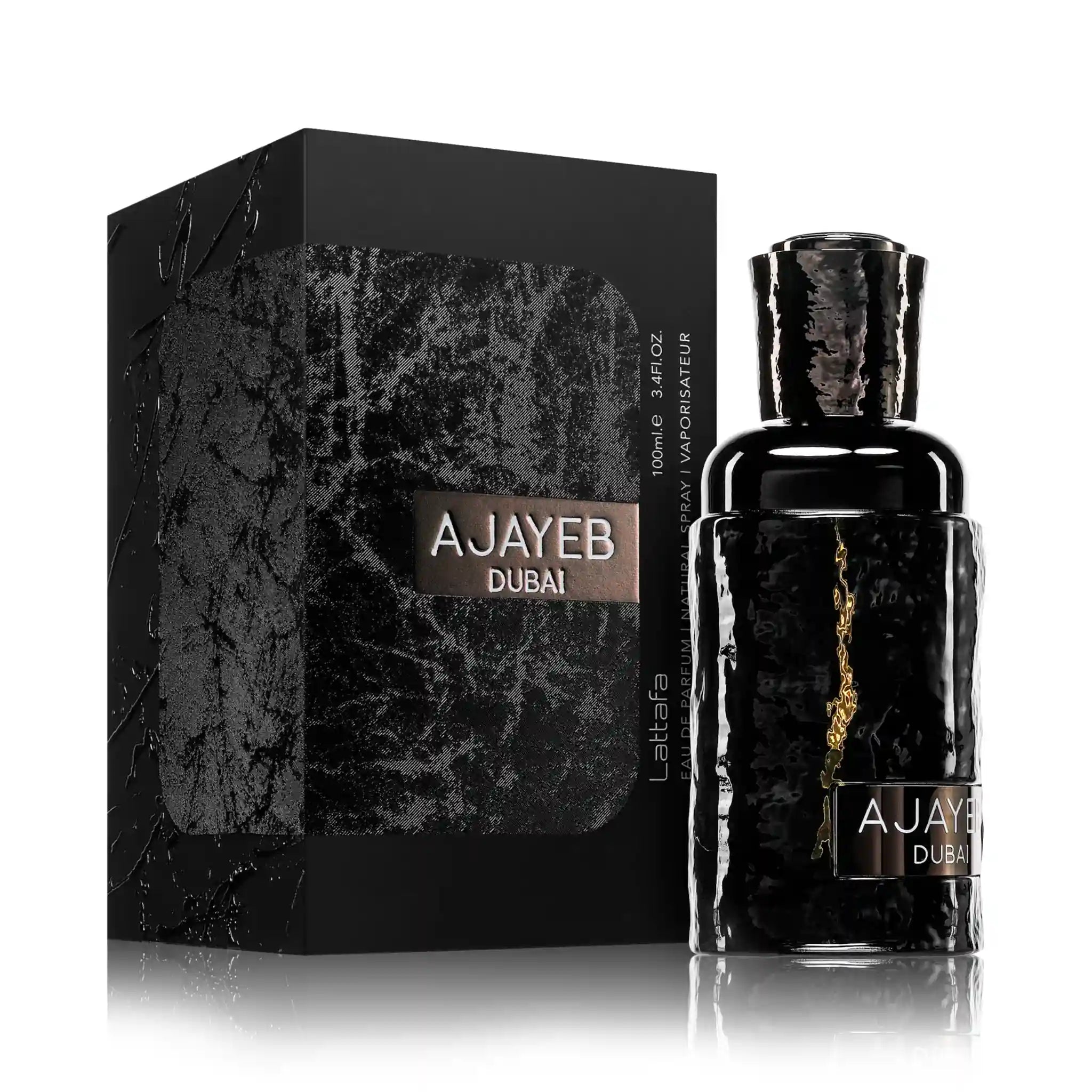 Frasco y caja del Ajayeb Dubai Lattafa Eau de Parfum Unisex