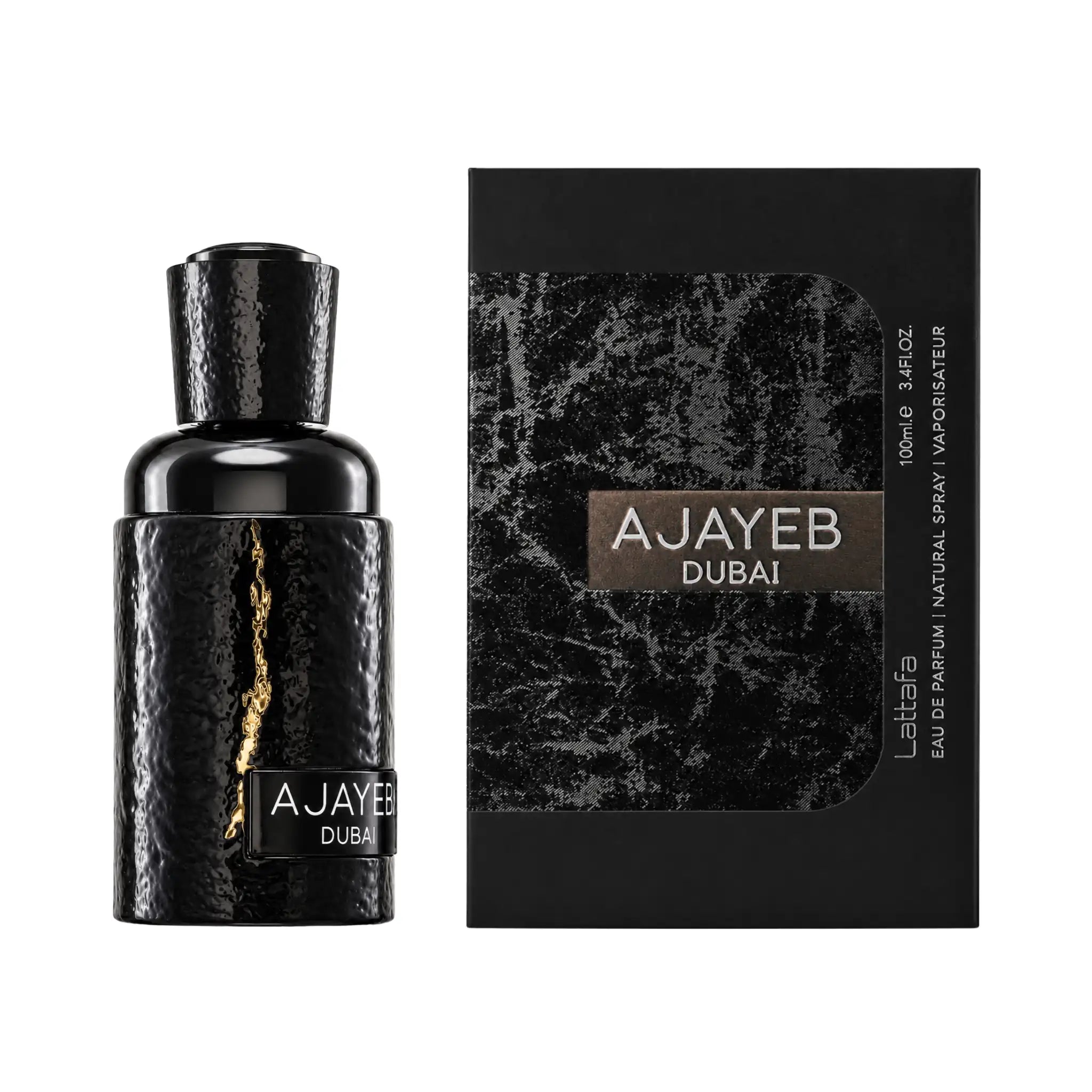 Frasco y caja del Ajayeb Dubai Lattafa Eau de Parfum Unisex