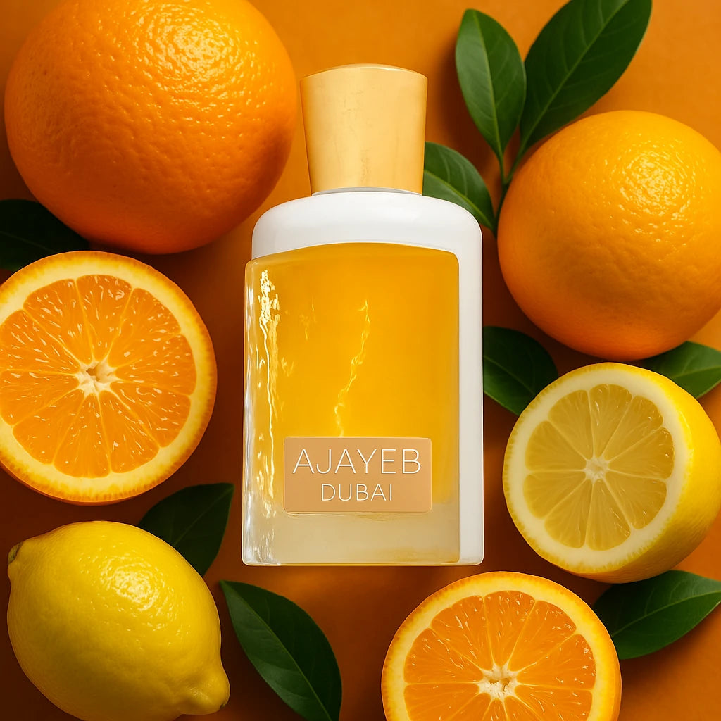 Ajayeb Dubai Portrait Lattafa Eau de Parfum Unisex con fondo de frutas