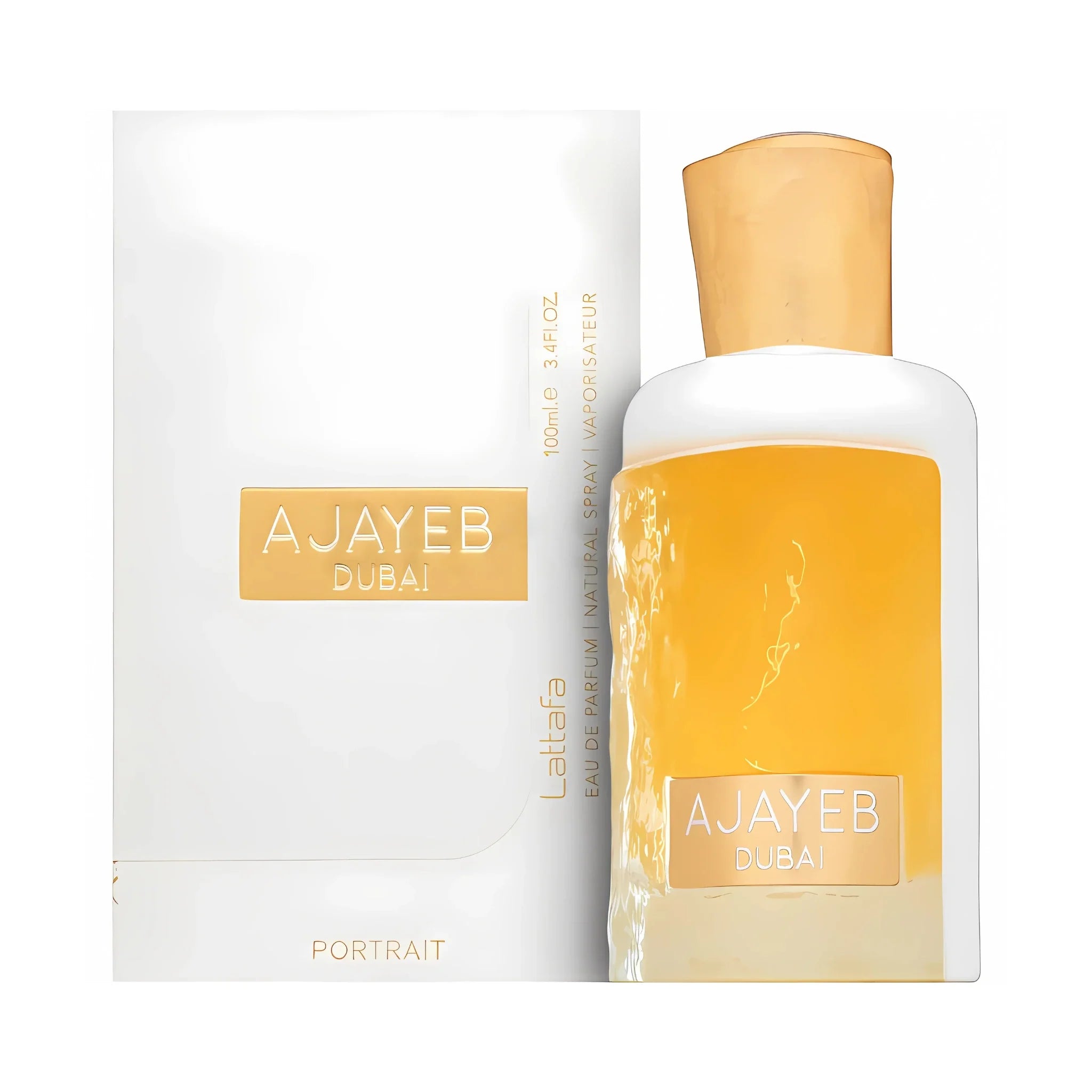 Frasco y caja de Ajayeb Dubai Portrait Lattafa Eau de Parfum Unisex
