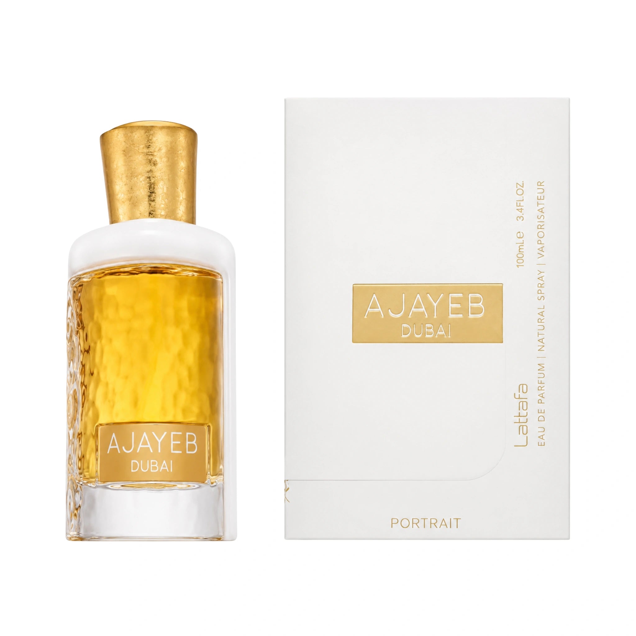 Frasco y caja de Ajayeb Dubai Portrait Lattafa Eau de Parfum Unisex