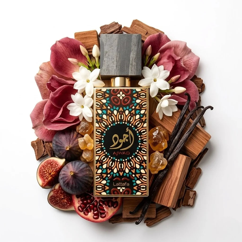 Ajwad_Lattafa_Eau_de_Parfum_Para_Mujer_Fondo_Blanco_Frutas_Rosa_Jazmi_Almizcle_Ambar_Cedro