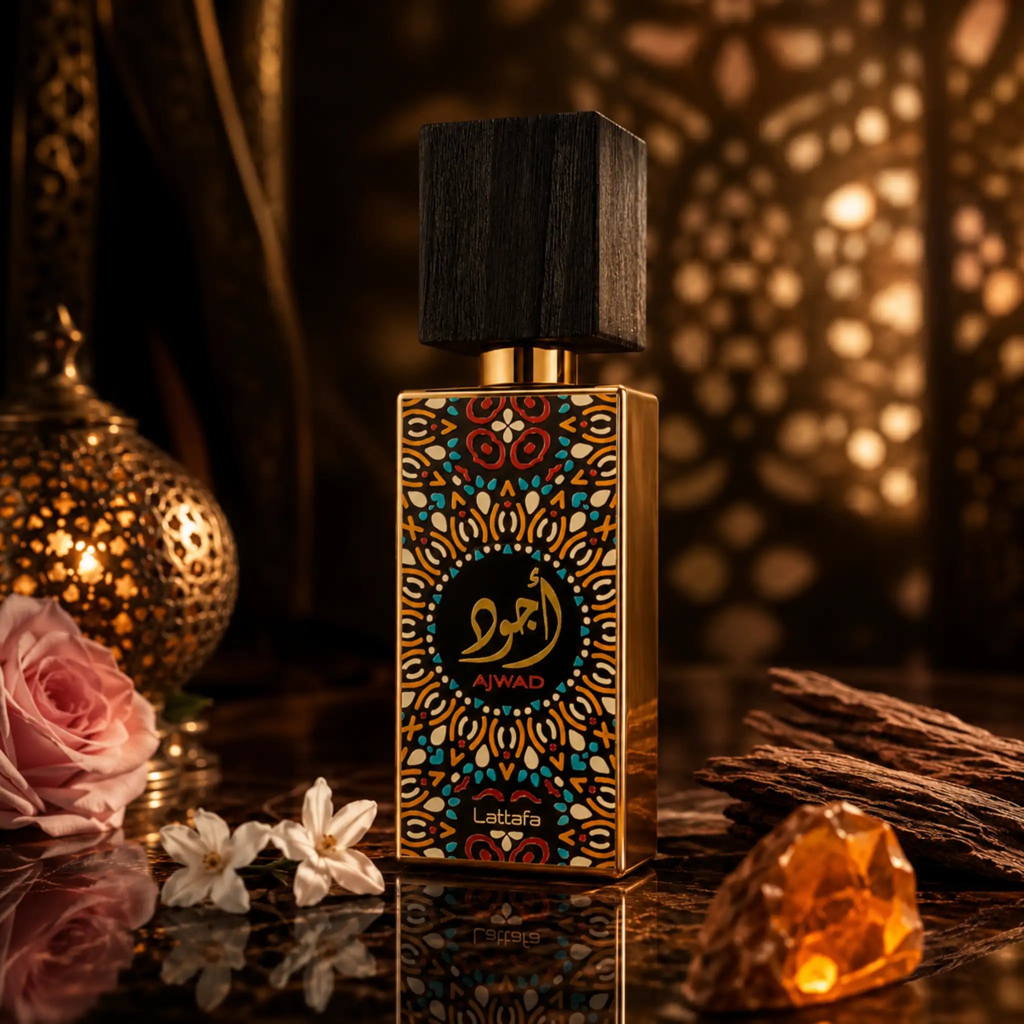 Ajwad Lattafa Eau de Parfum Para Mujer con fondo creativo de especies