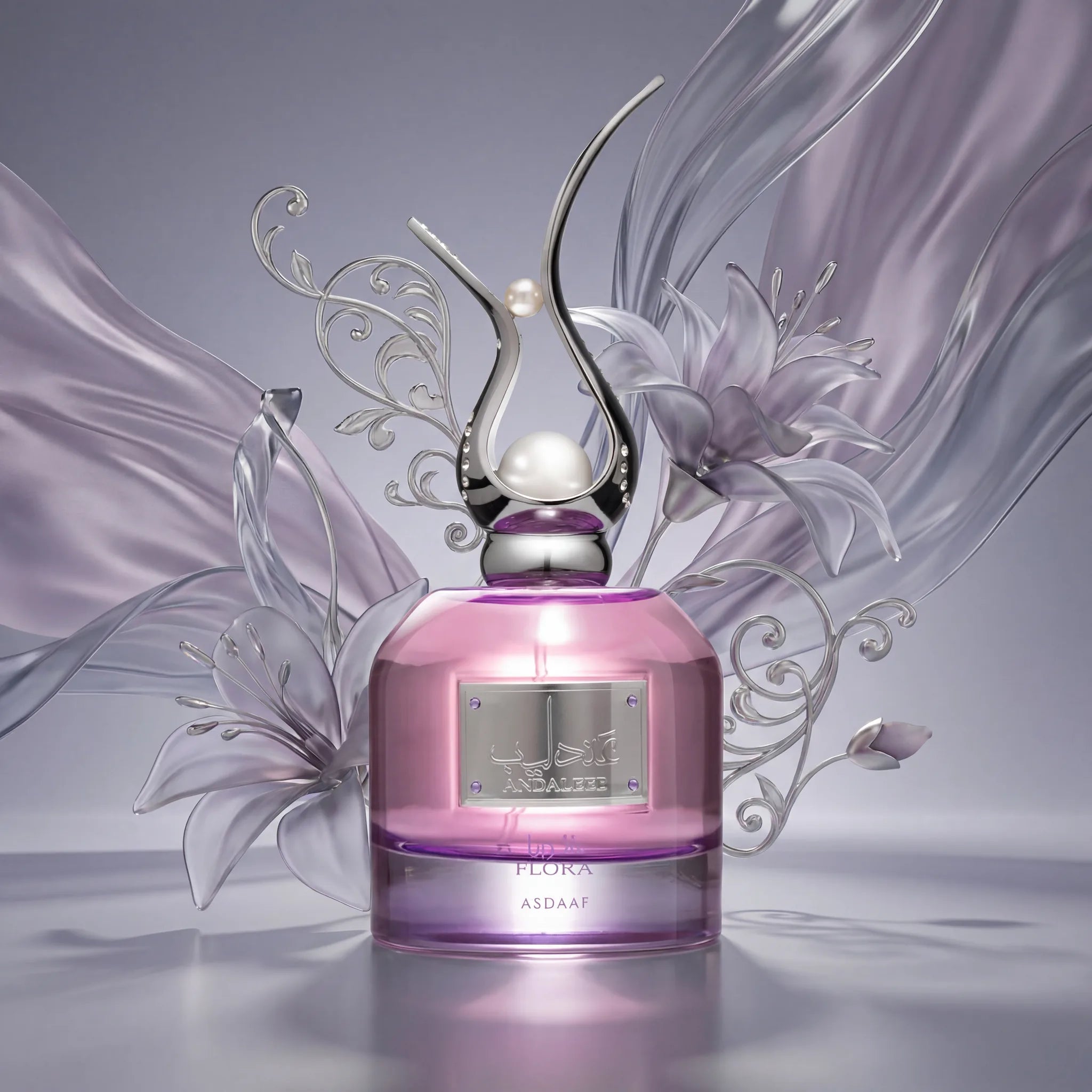 Al Andaleeb Flora Asdaaf Eau de Parfum Para Mujer con fondo creativo con flores blancas