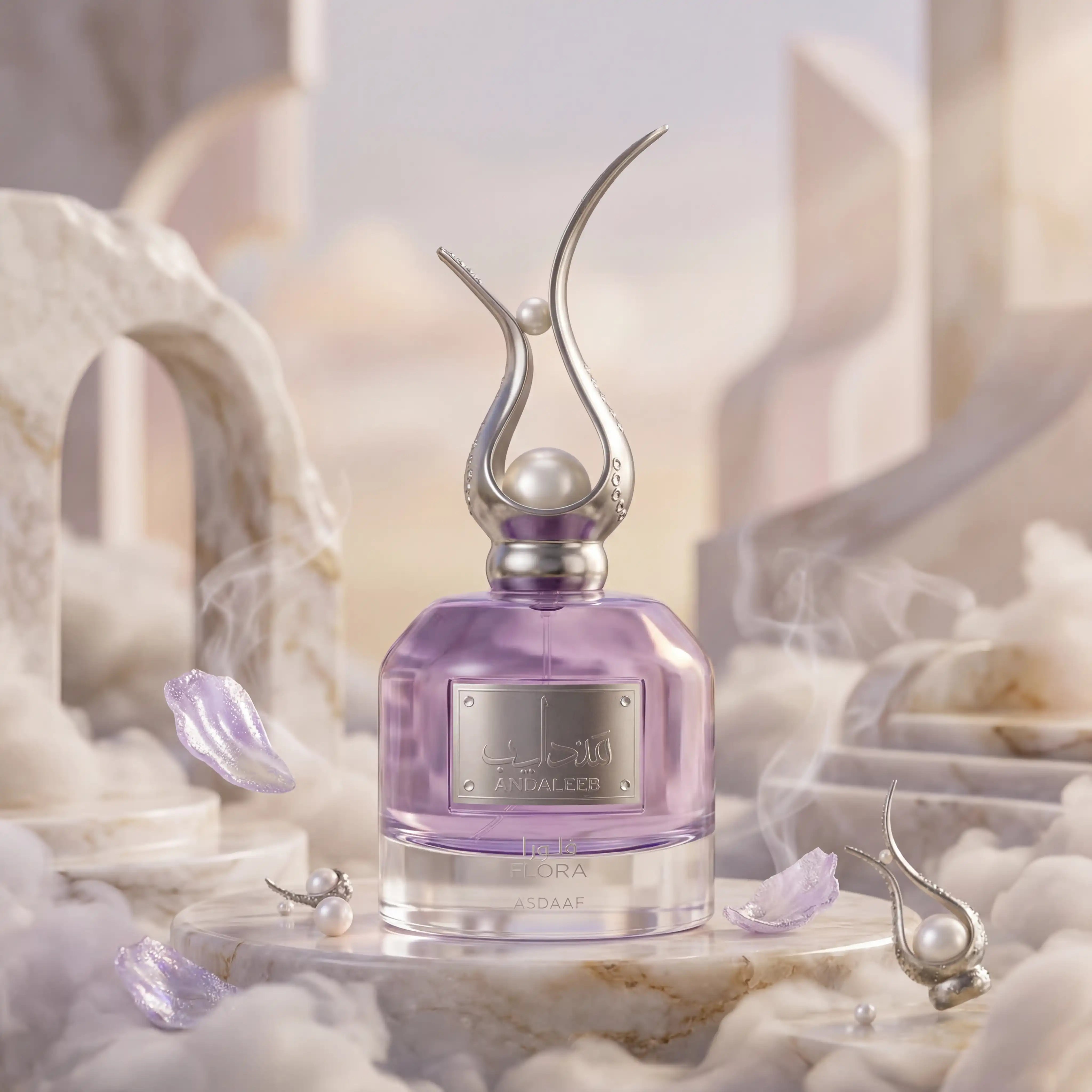 Al Andaleeb Flora Asdaaf Eau de Parfum Para Mujer con fondo creativo con flores blancas