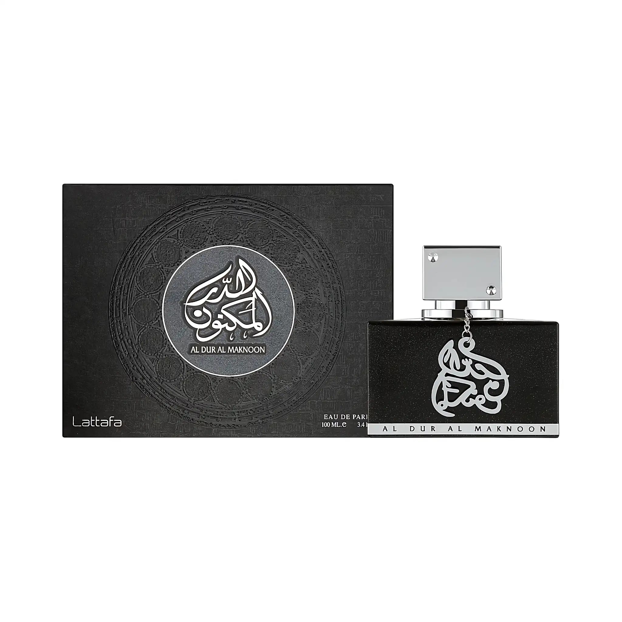 Frasco y caja del Al Dur Al Maknoon Silver Lattafa Eau de Parfum Para Hombre