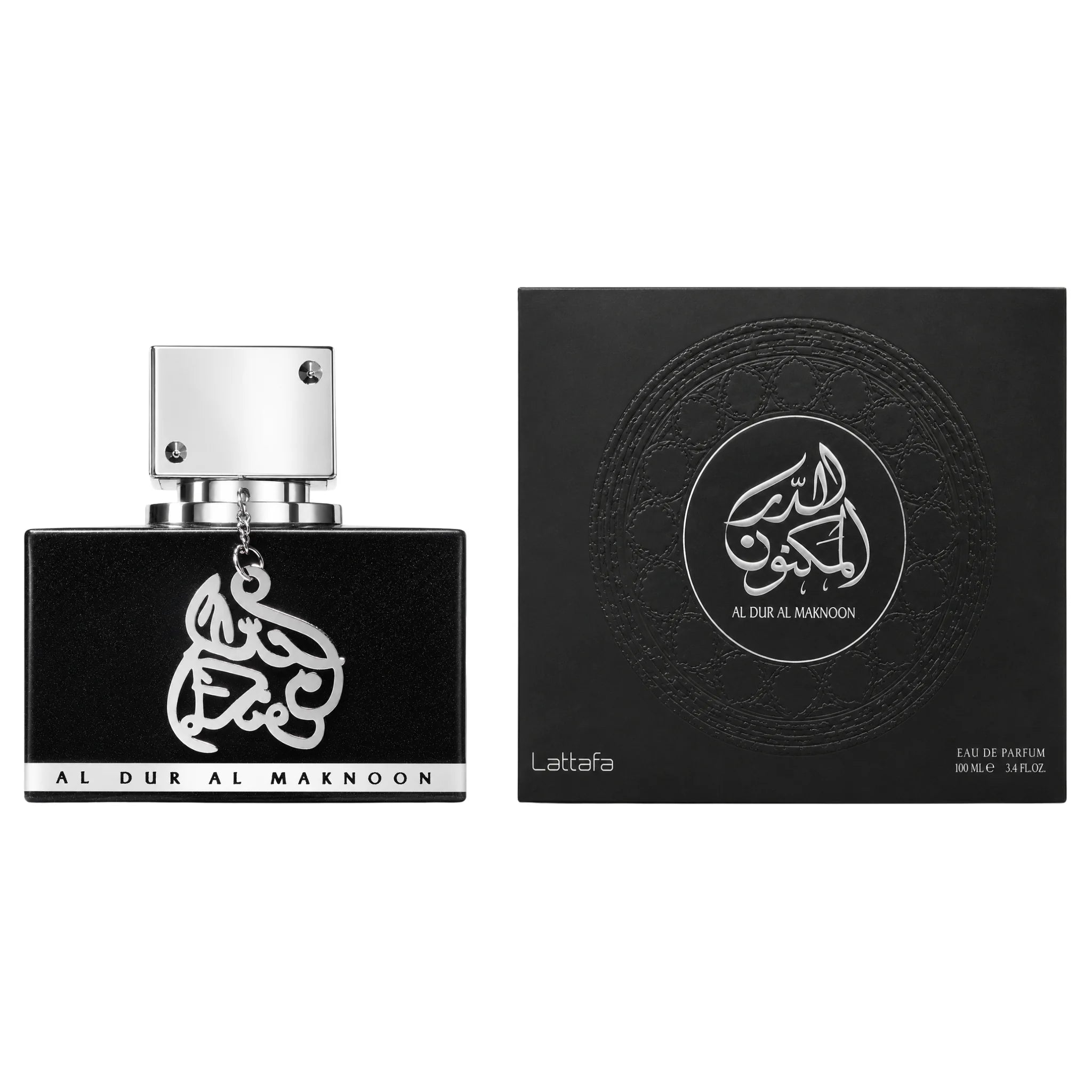 Frasco y caja del Al Dur Al Maknoon Silver Lattafa Eau de Parfum Para Hombre