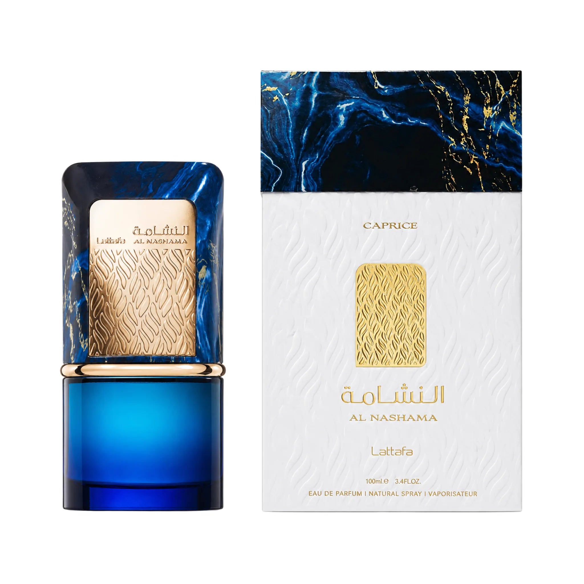 Frasco y caja de Al Nashama Caprice Lattafa Eau de Parfum Para Hombre