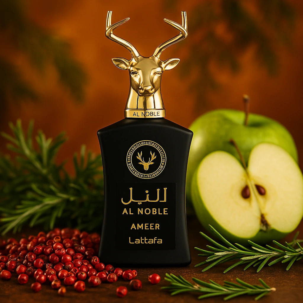 Al Noble Ameer Lattafa Eau de Parfum Para Hombre con fondo de manzana y pimienta roja