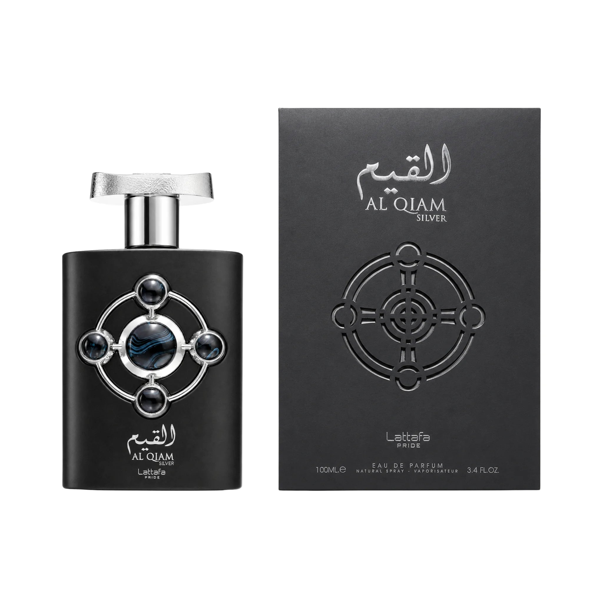 Frasco y caja del Al Qiam Silver Lattafa Eau de Parfum Para Hombre