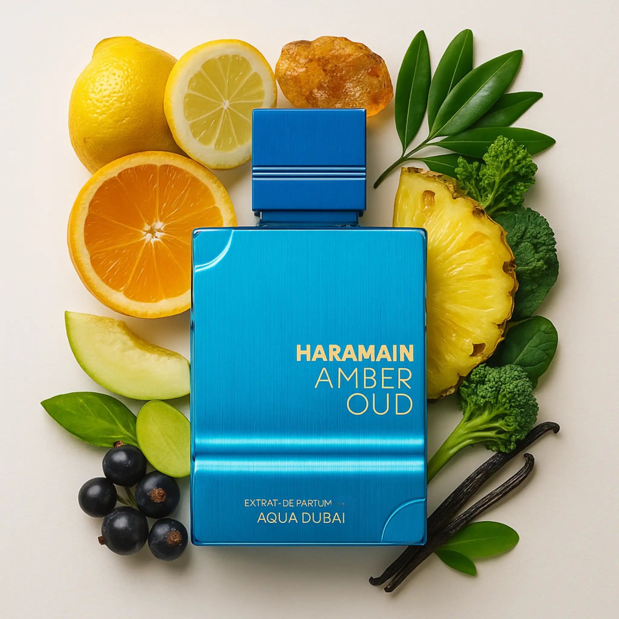 Amber Oud Aqua Dubai Al Haramain Extrait de Parfum Unisex con fondo de ingredientes