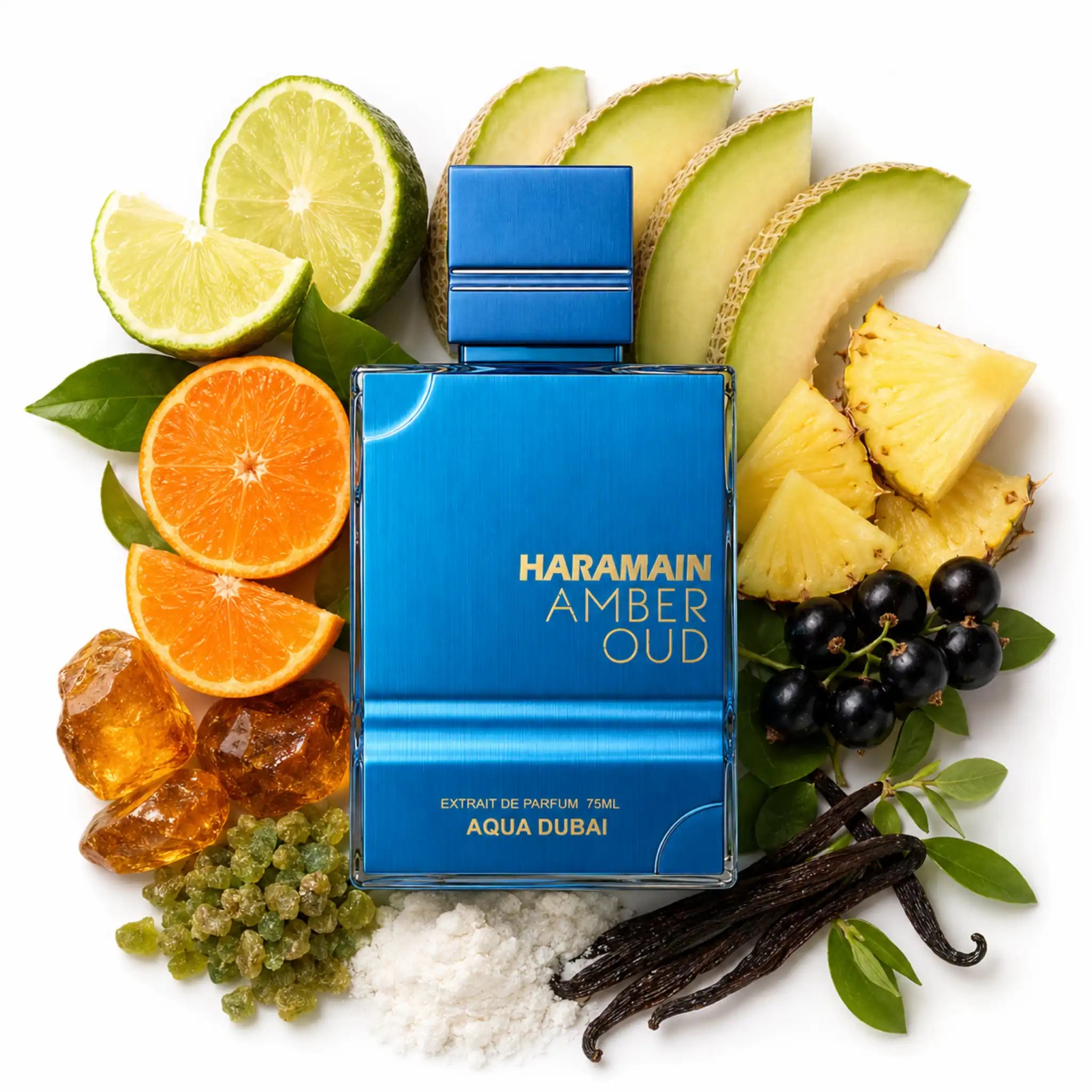 Amber Oud Aqua Dubai Al Haramain Extrait de Parfum Unisex con fondo de ingredientes