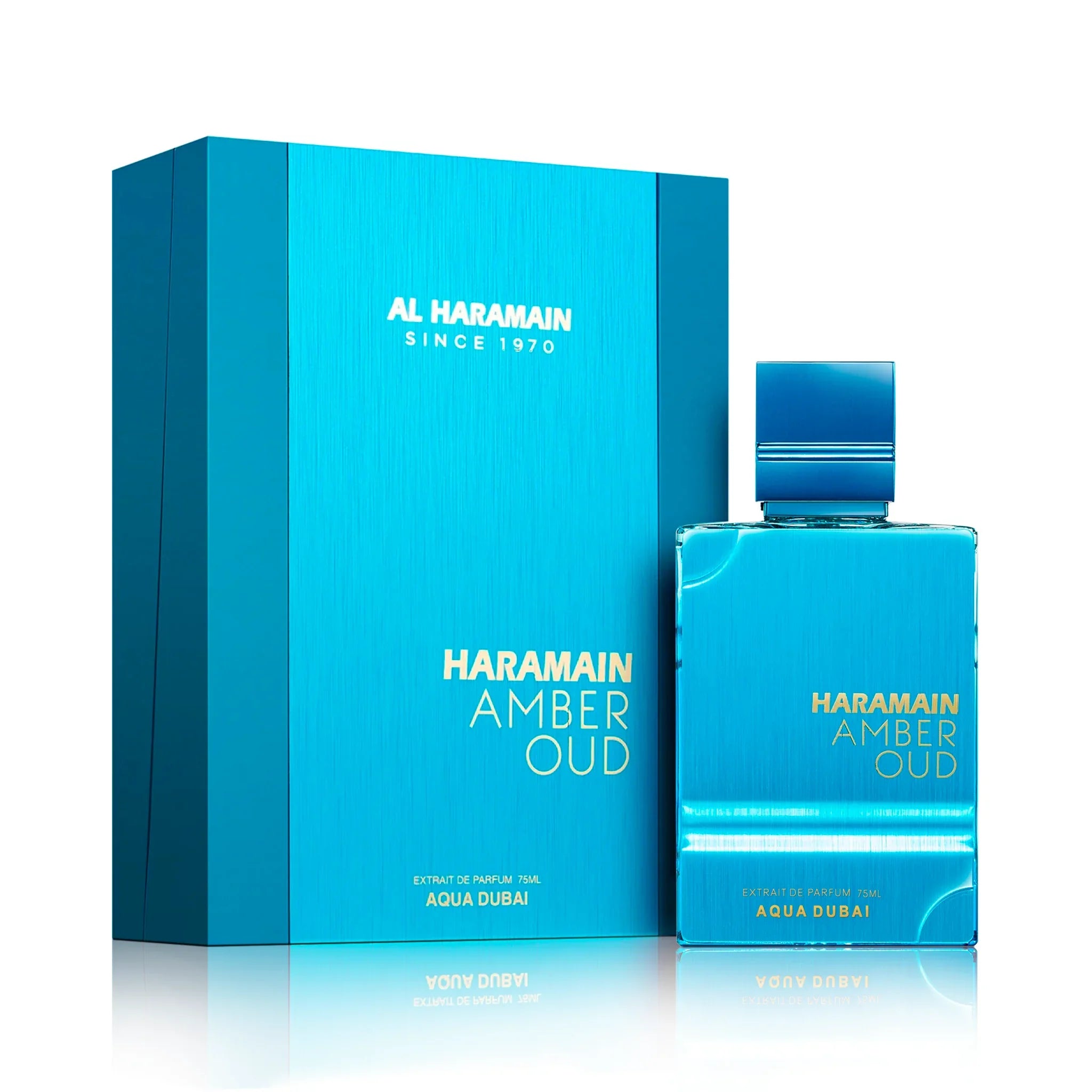 Frasco y caja Amber_Oud_Aqua_Dubai_Al_Haramain_Extrait_de_Parfum_Unisex_con_su_caja