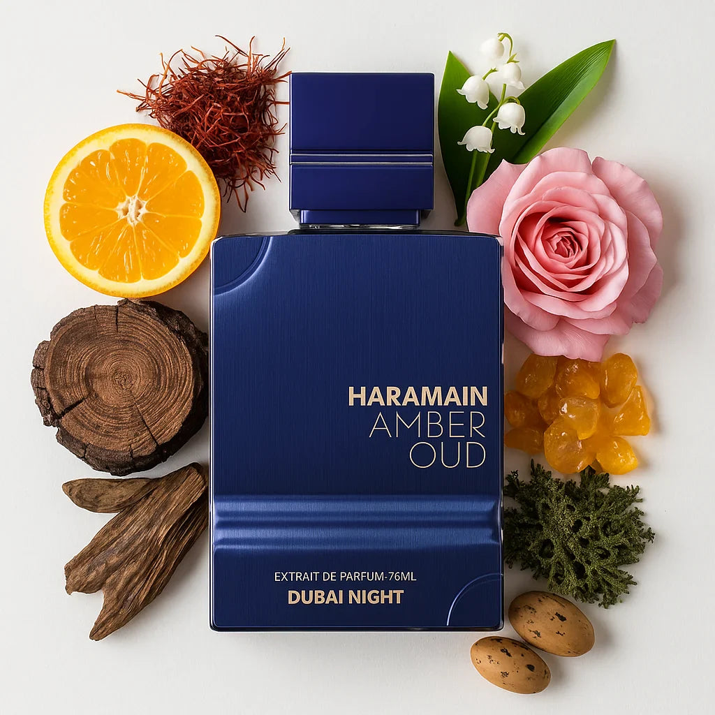 Amber Oud Dubai Night Al Haramain Extrait de Parfum Para Hombre con fondo de ingredientes