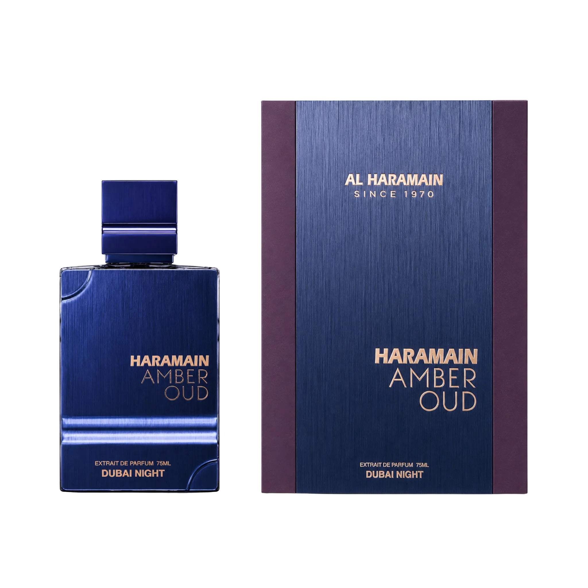 Frasco y caja de Amber Oud Dubai Night Al Haramain Extrait de Parfum Para Hombre