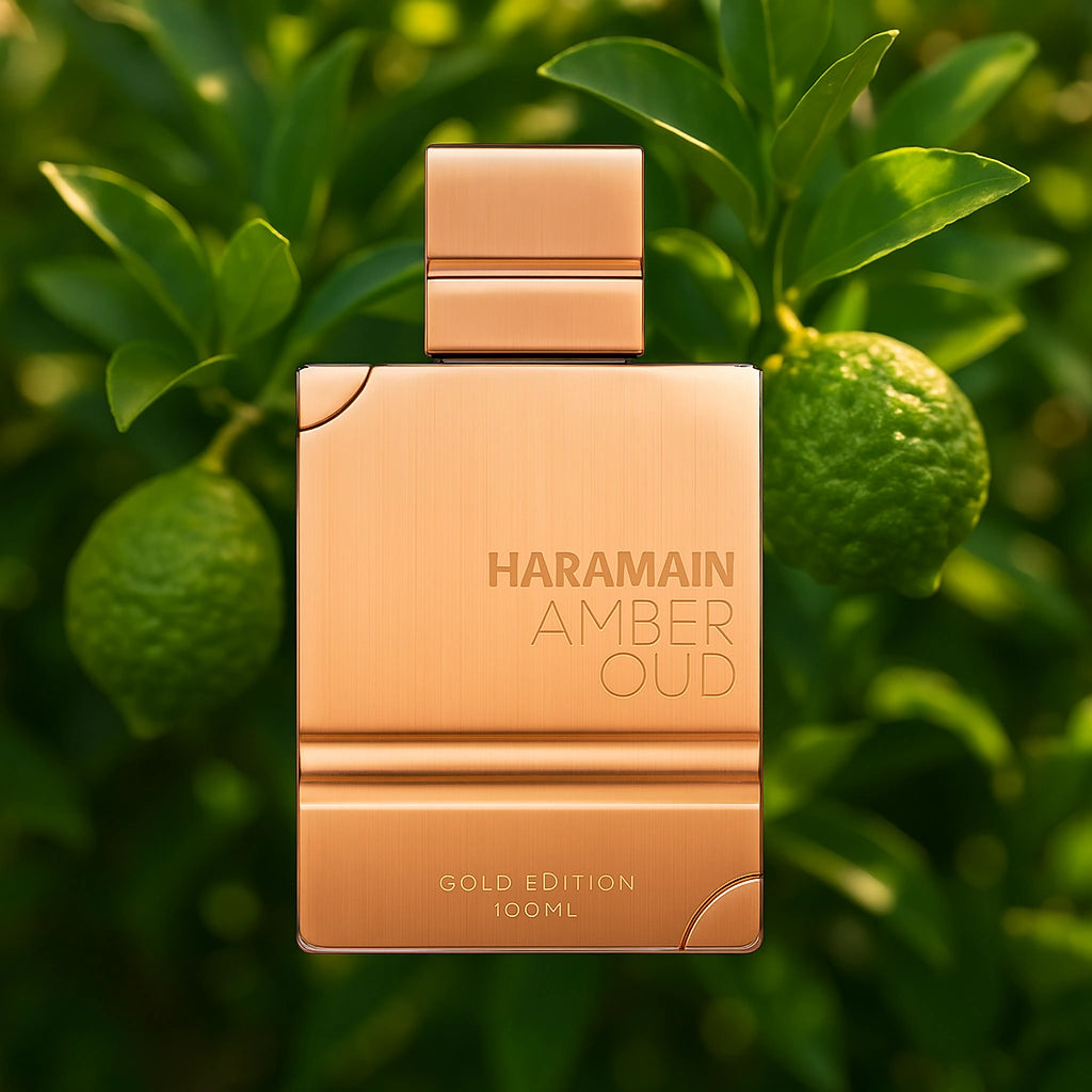 Amber Oud Gold Edition Al Haramain Eau de Parfum Unisex con fondo dde plantas