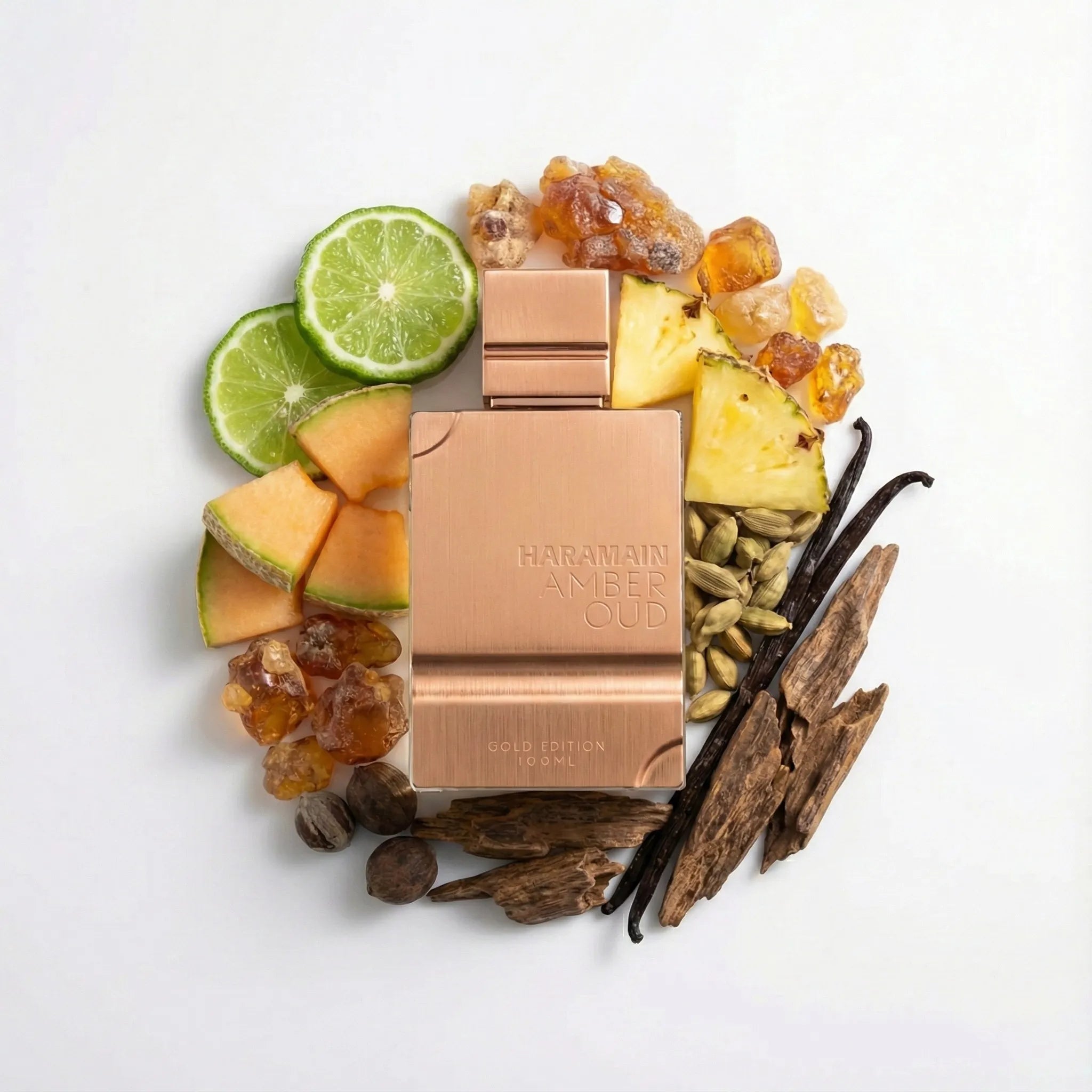 Amber Oud Gold Edition Al Haramain Eau de Parfum Unisex con fondo de ingredientes