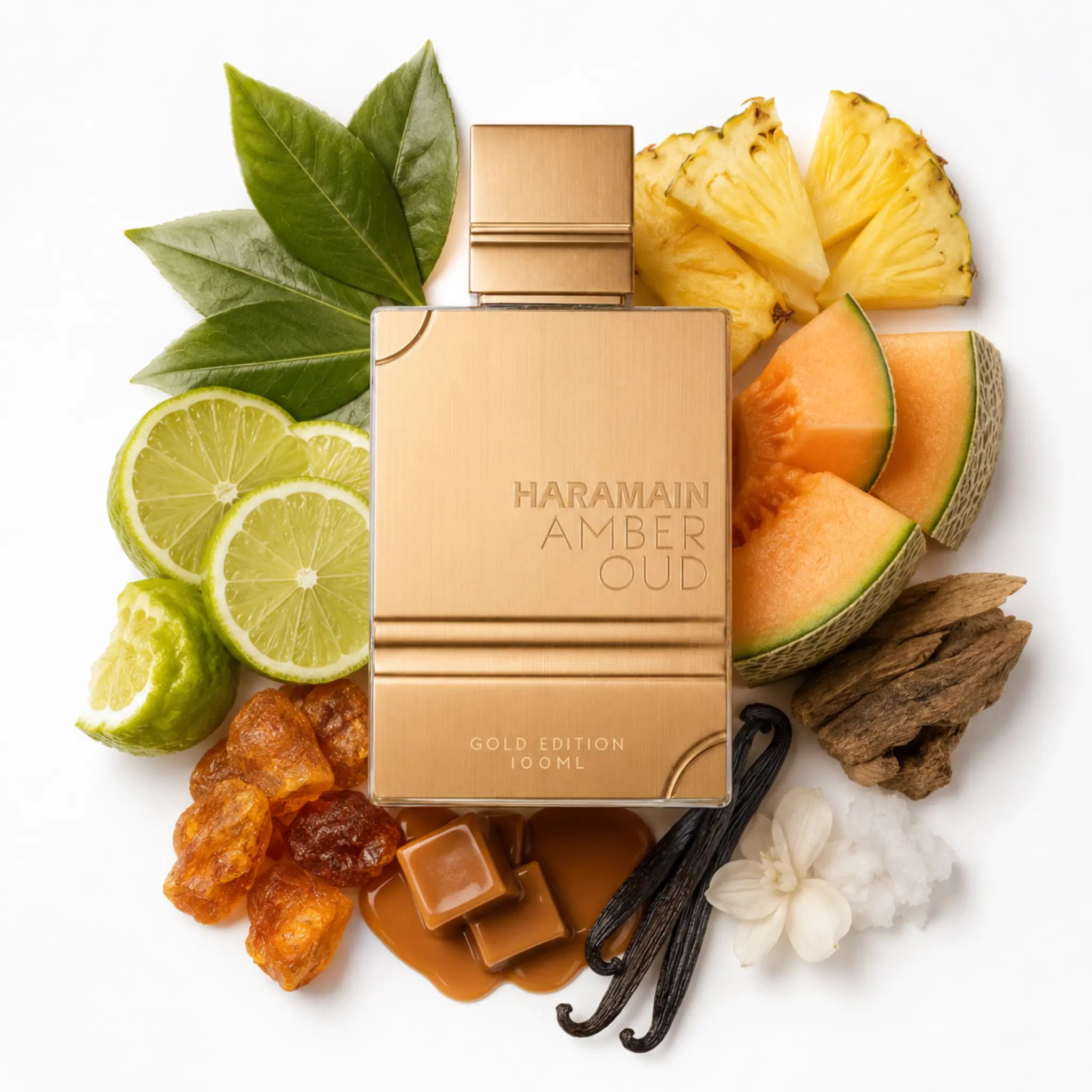 Amber Oud Gold Edition Al Haramain Eau de Parfum Unisex con fondo de ingredientes