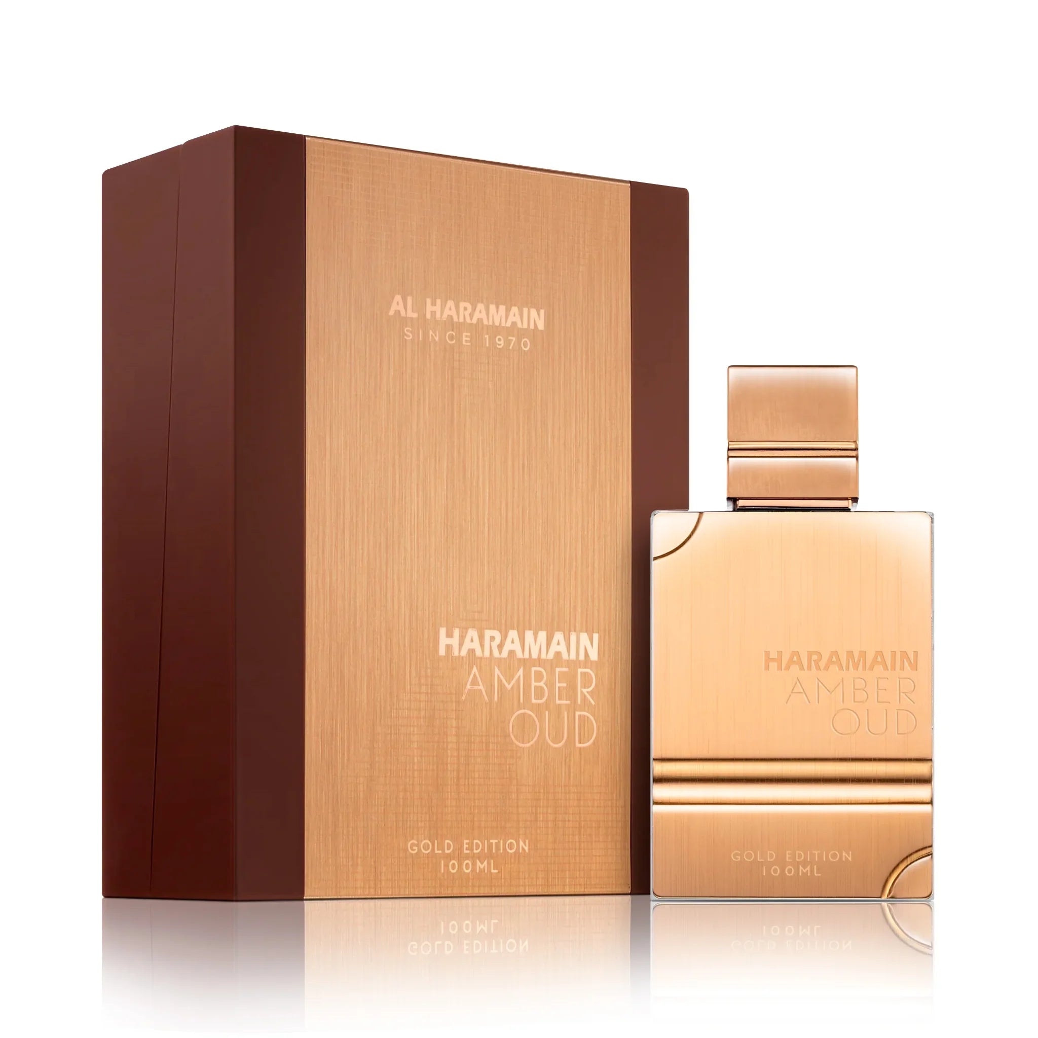 Foto frontal del Amber Oud Gold Edition Al Haramain Eau de Parfum Unisex con su caja fondo blanco