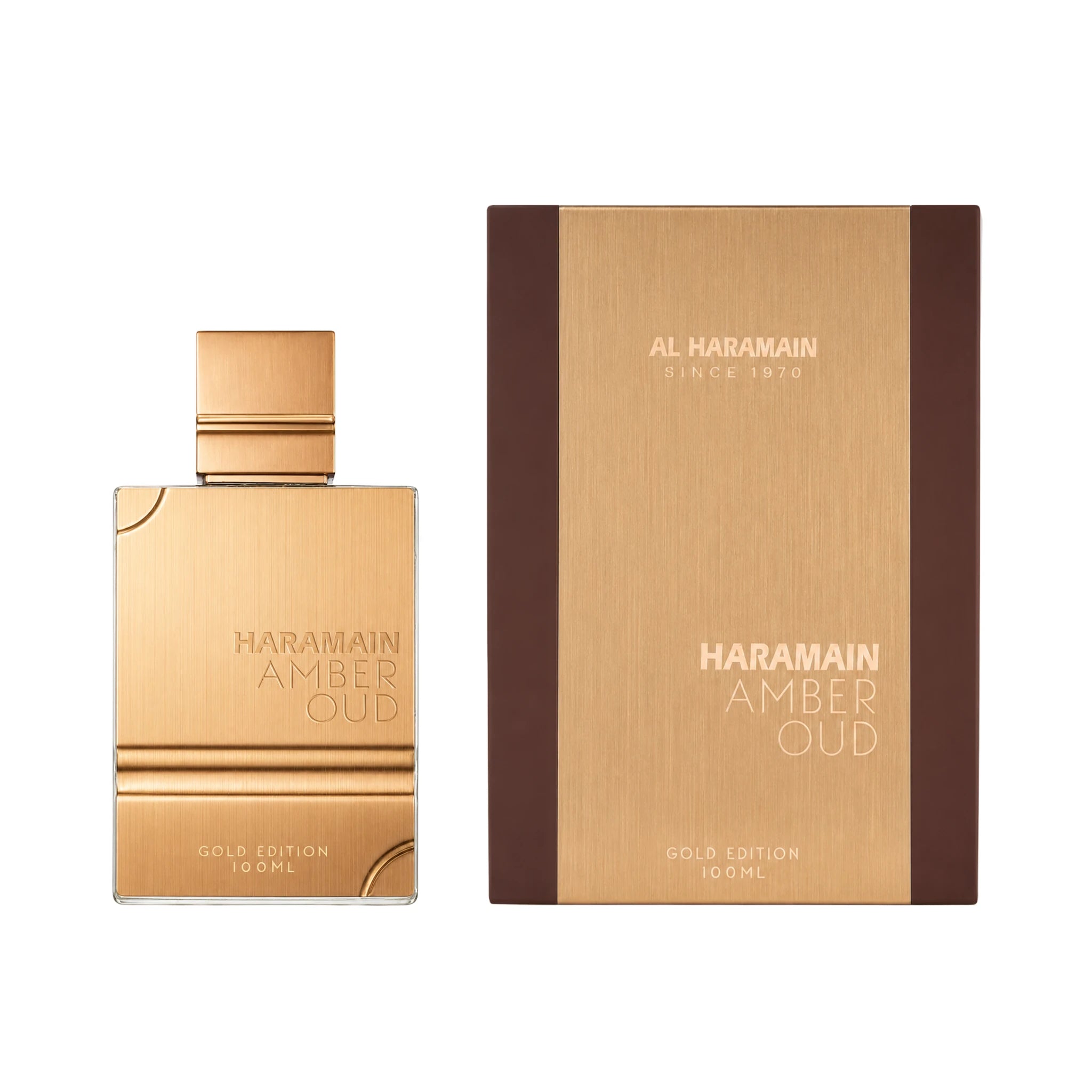 Foto frontal del Amber Oud Gold Edition Al Haramain Eau de Parfum Unisex con su caja fondo blanco