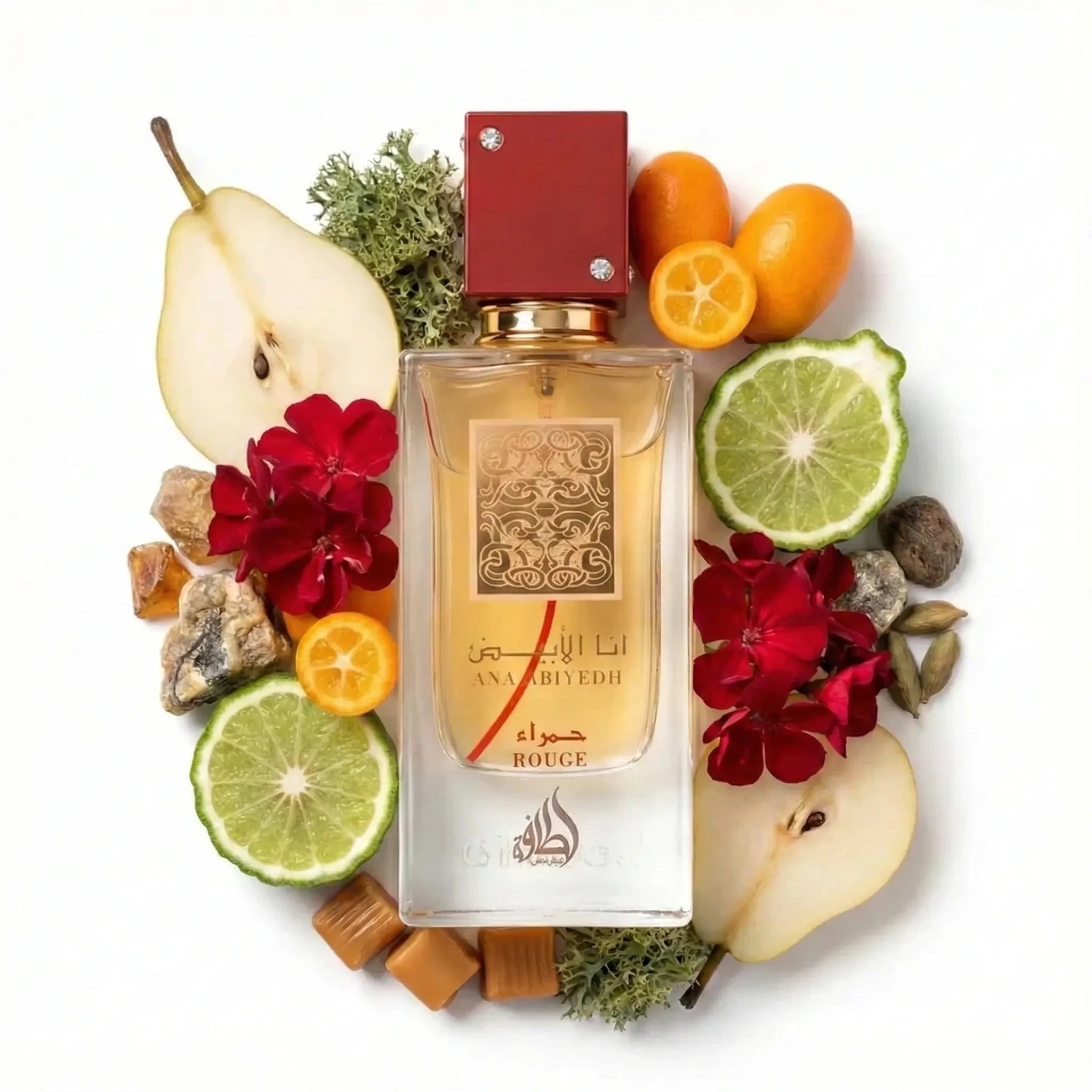 Ana_Abiyedh_Rouge_Lattafa_Eau_de_Parfum_Unisex_Fondo_BLanco_Caramelo_Geranio