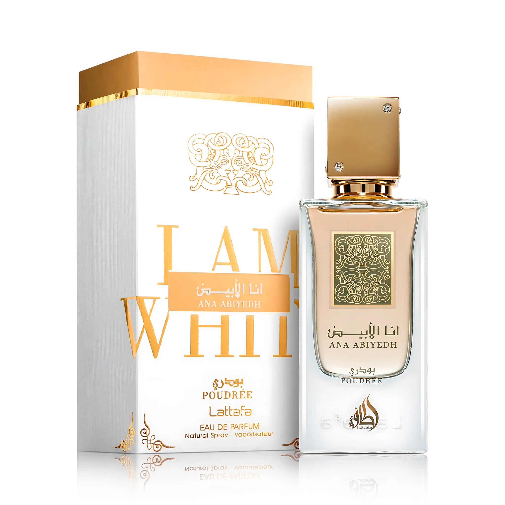 Frasco y caja del Ana Abyedh Poudrée Lattafa Eau de Parfum Para Mujer