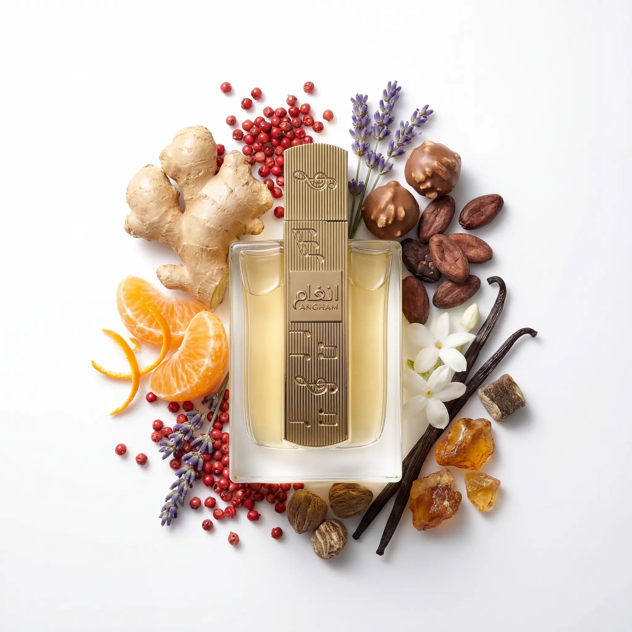 Angham Lattafa Eau de Parfum Unisex con fondo de ingredientes