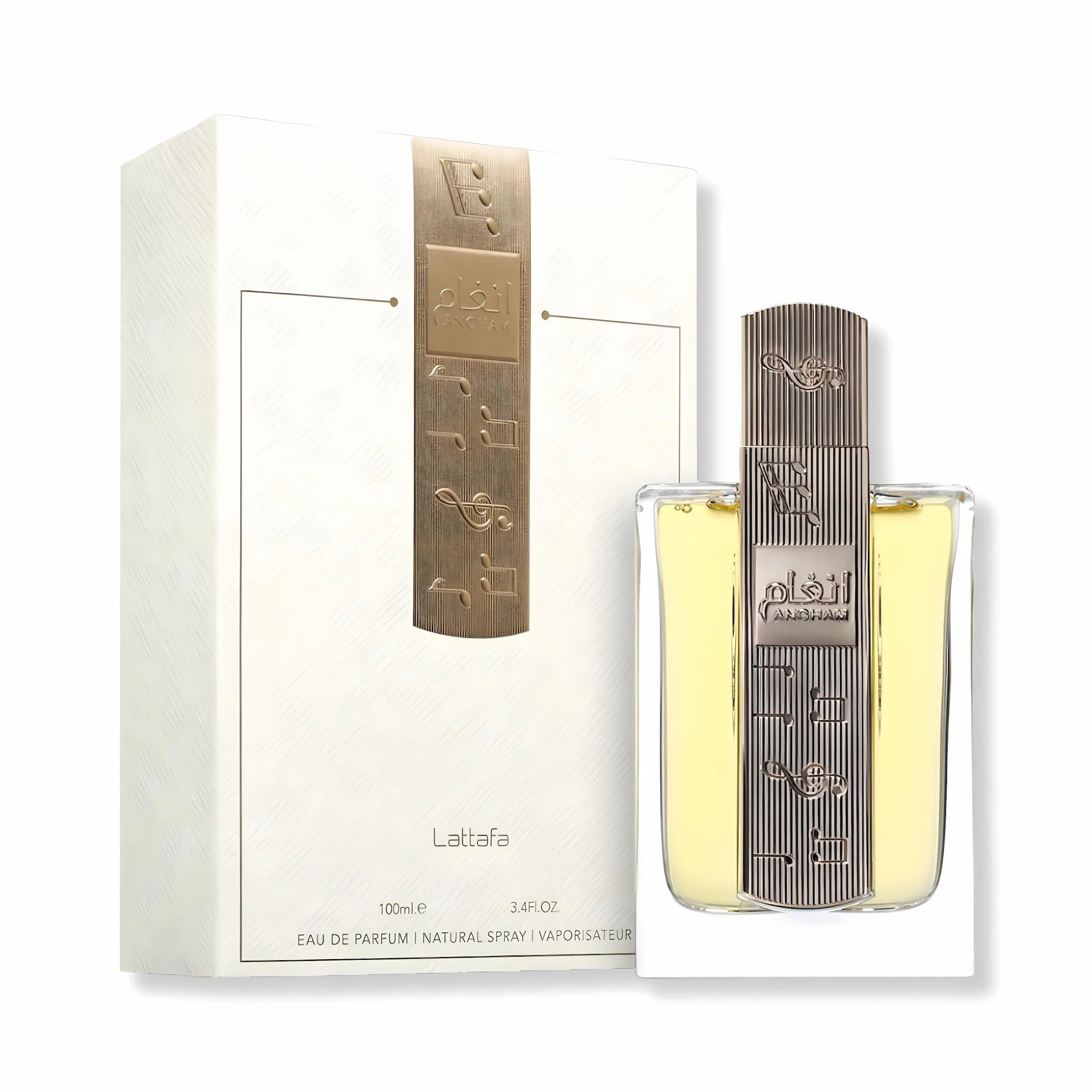 Frasco y caja de Angham Lattafa Eau de Parfum Unisex