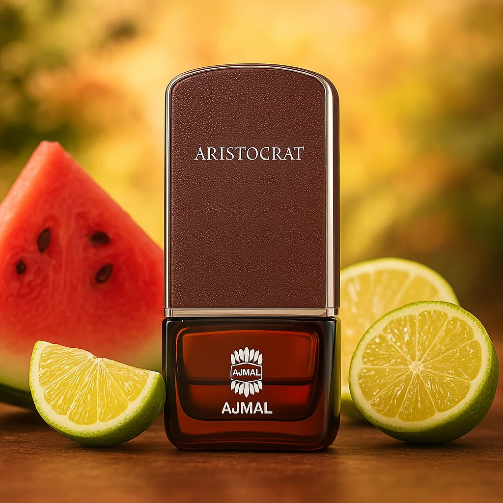 Aristocrat For Him Ajmal Eau de Parfum Para Hombre con fondo de frutas