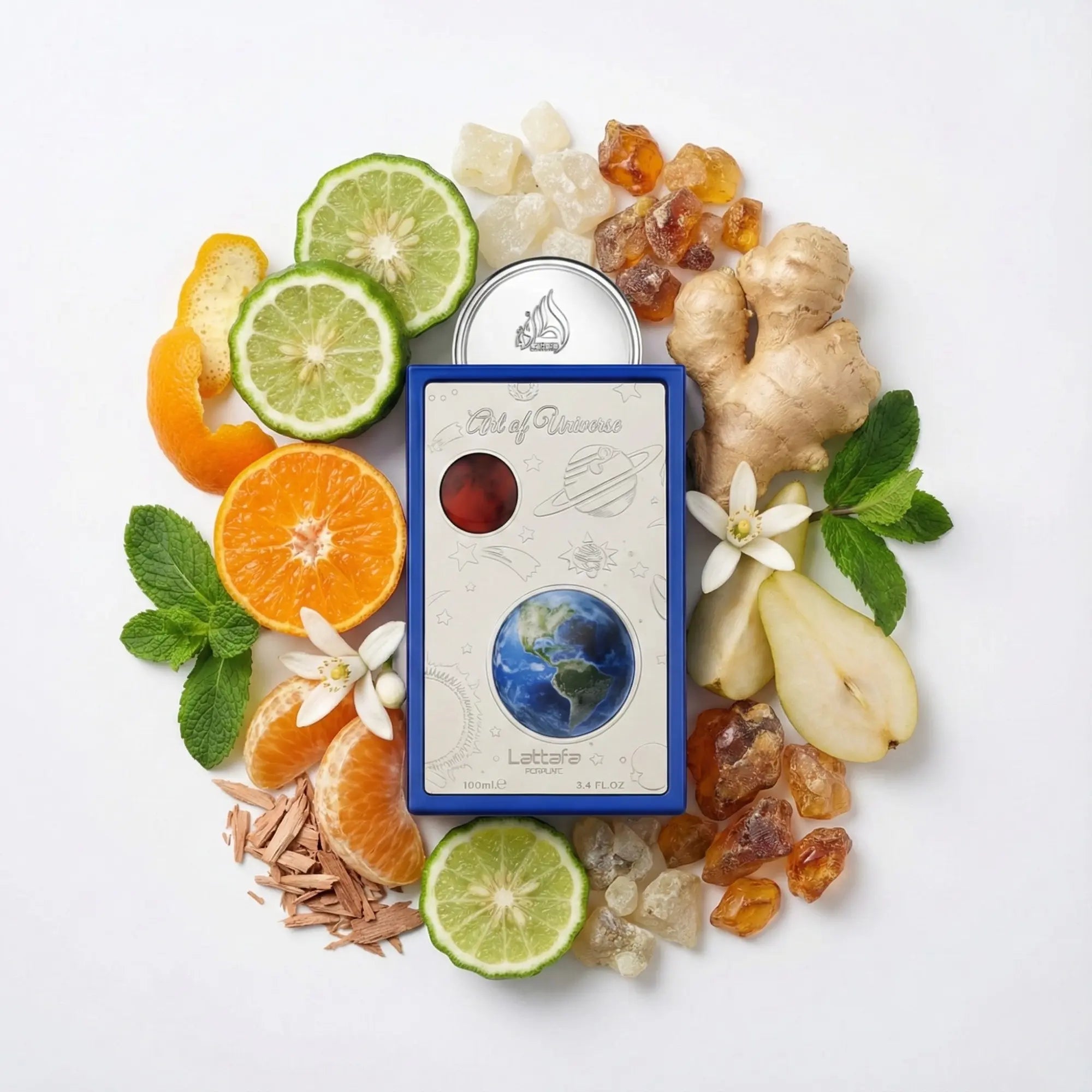 Art Of Universe Lattafa Eau de Parfum Unisex con fondo de ingredientes