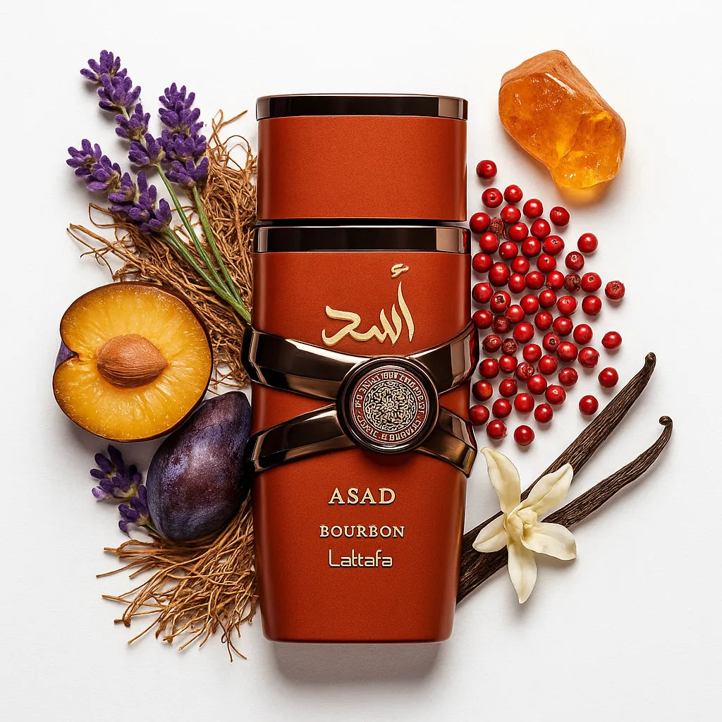 Asad Bourbon Lattafa Eau de Parfum Para Hombre con multiples ingredientes