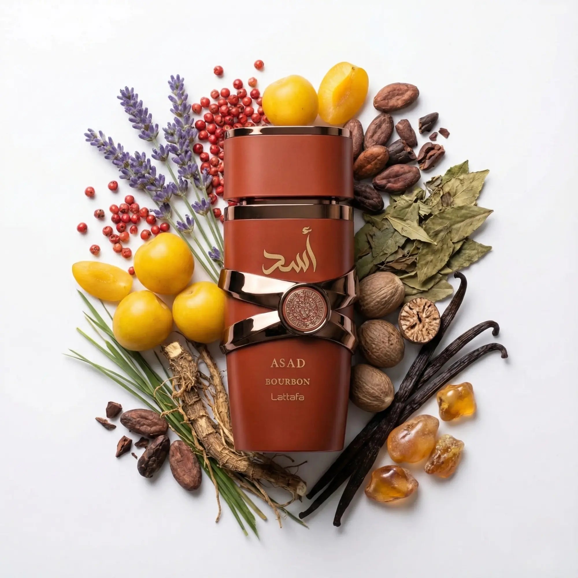 Asad Bourbon Lattafa Eau de Parfum Para Hombre con multiples ingredientes